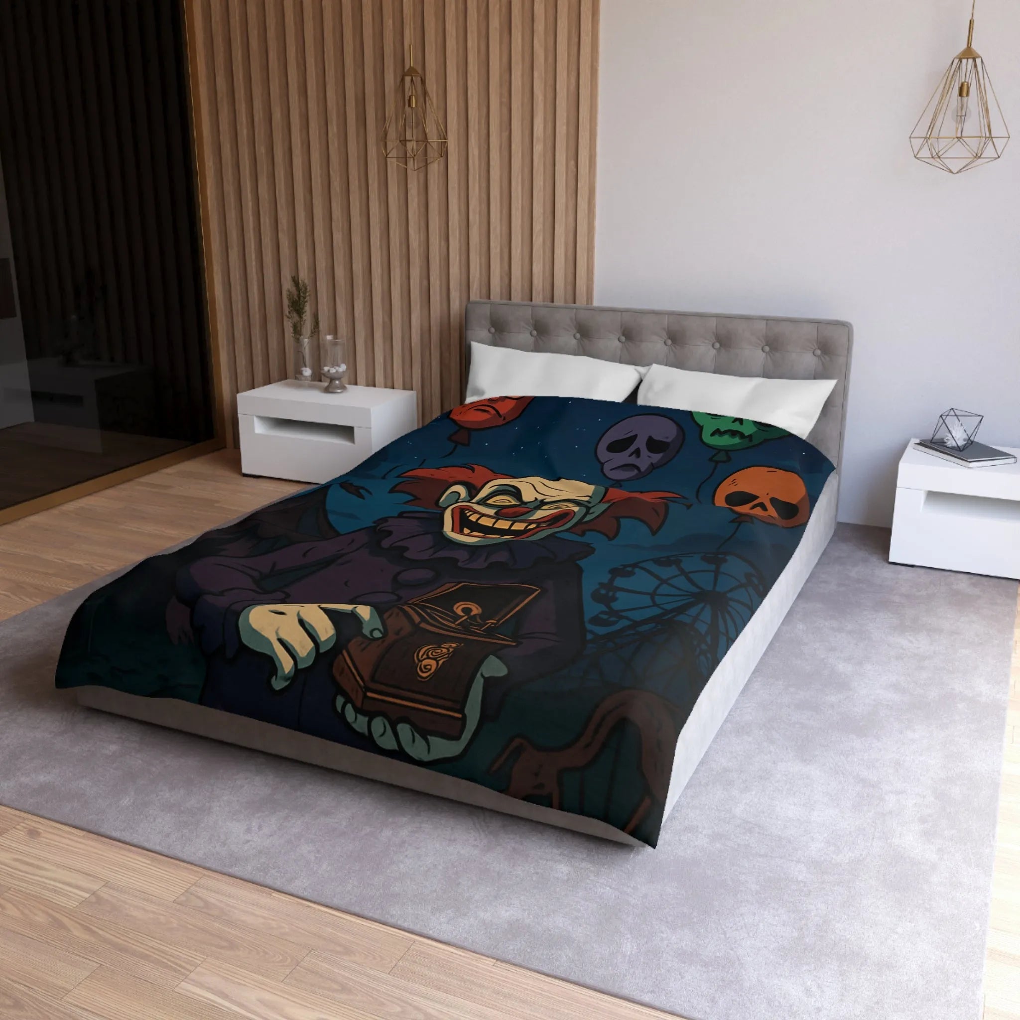 Housse de couette effrayante de clown sinistre avec ballons et fête foraine sombre