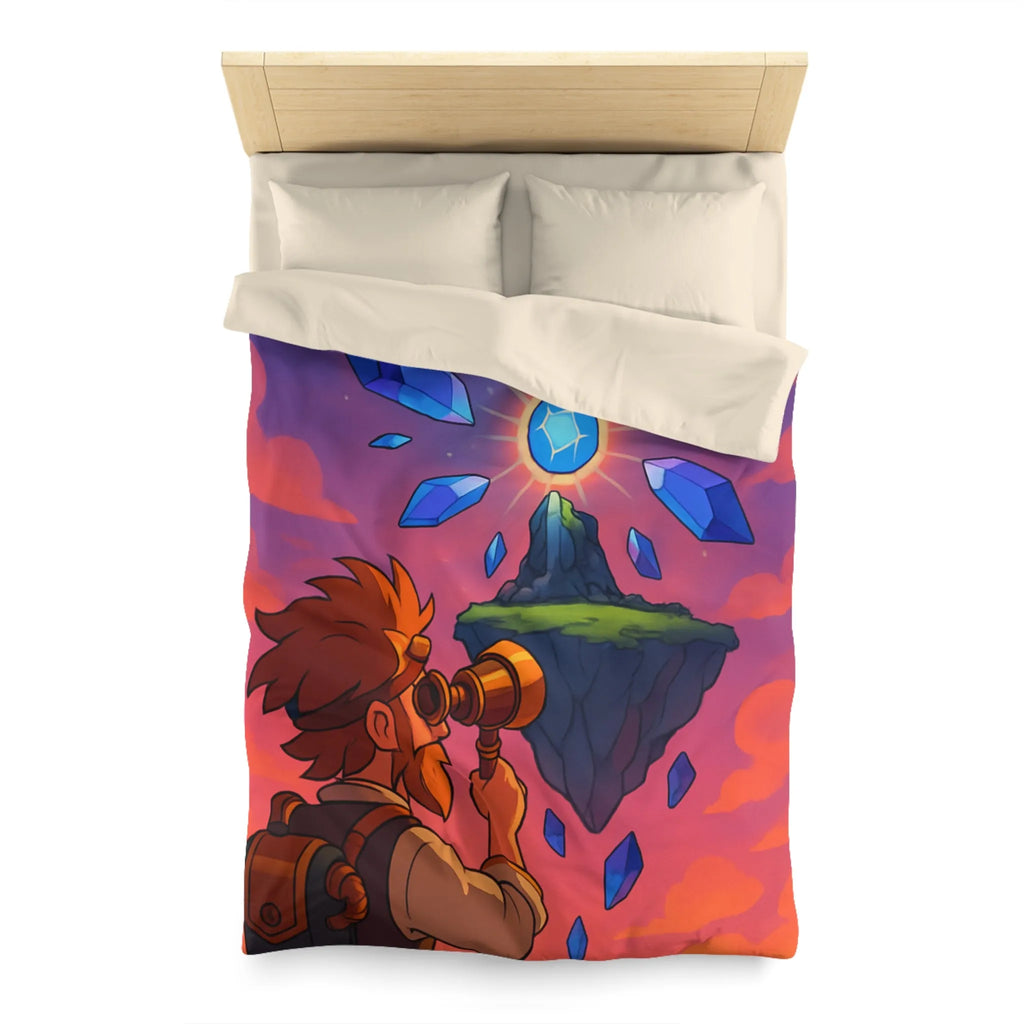 Housse de couette aventure fantastique avec cristaux flottants et scientifique explorateur