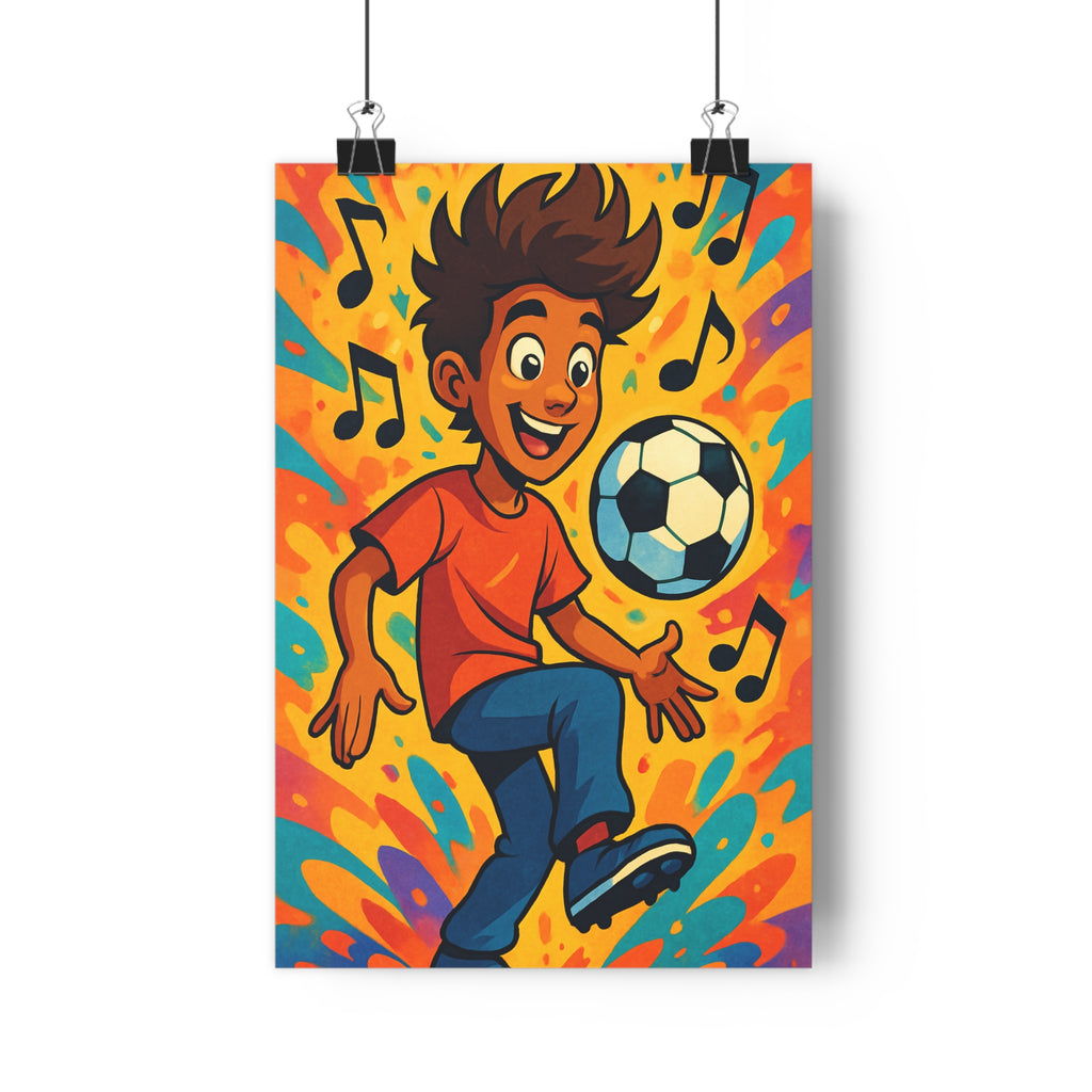Poster décoratif football enfant orange bleu joyeux dynamique chambre garçon sportif cartoon artistique élégant