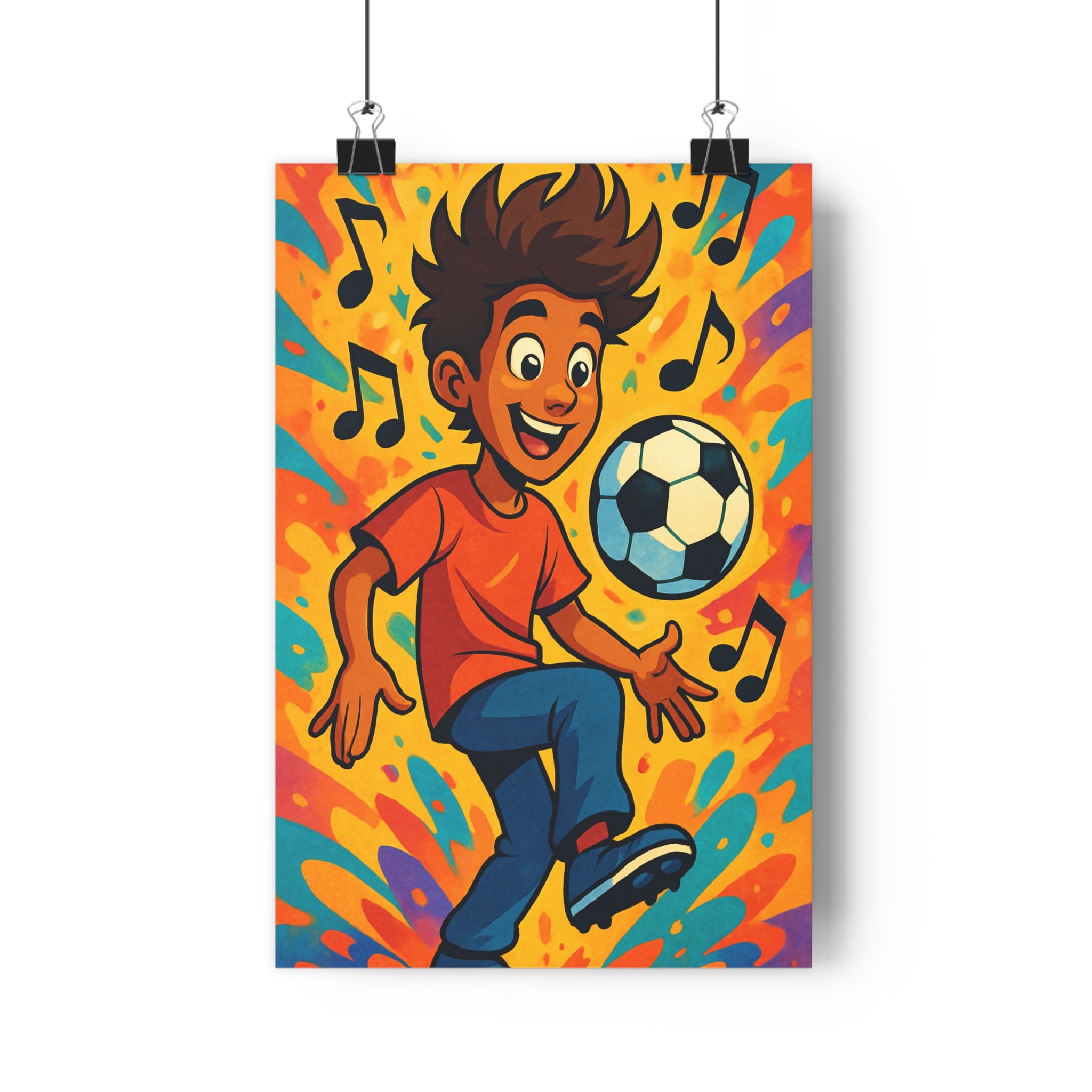 Poster décoratif football enfant orange bleu joyeux dynamique chambre garçon sportif cartoon artistique élégant