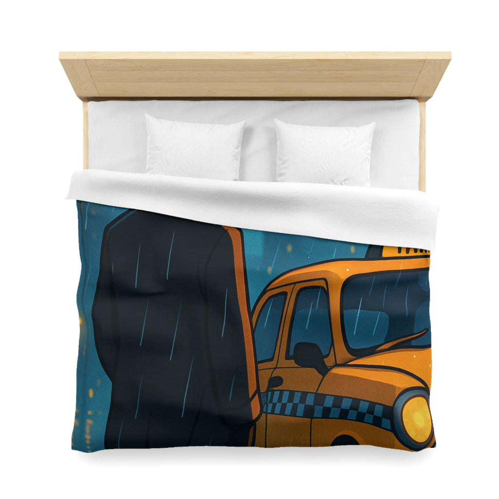 Mystérieux Homme En Imper Parapluie Noir Attendant Taxi Jaune Sous Pluie Urbaine Nocturne