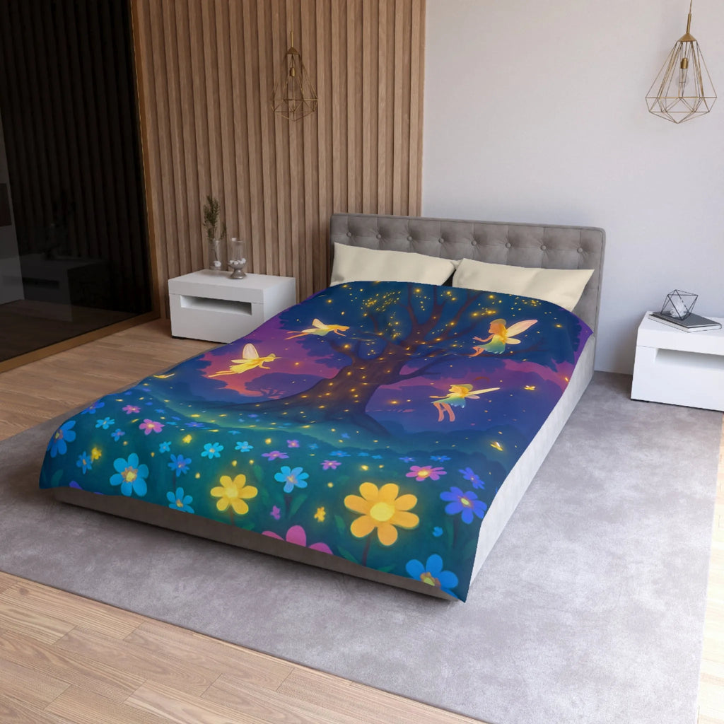 Housse de couette féérique avec fées lumineuses et fleurs colorées pour chambre magique