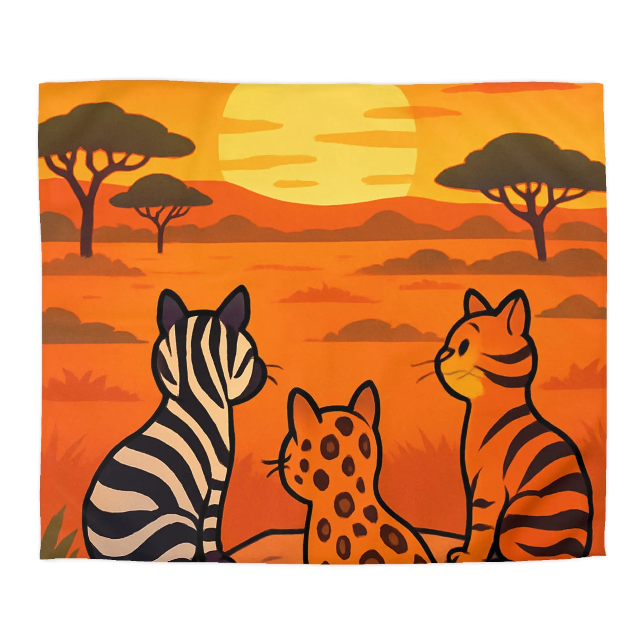 Housse de Couette avec Chats Sauvages Observant le Coucher de Soleil en Savane Africaine