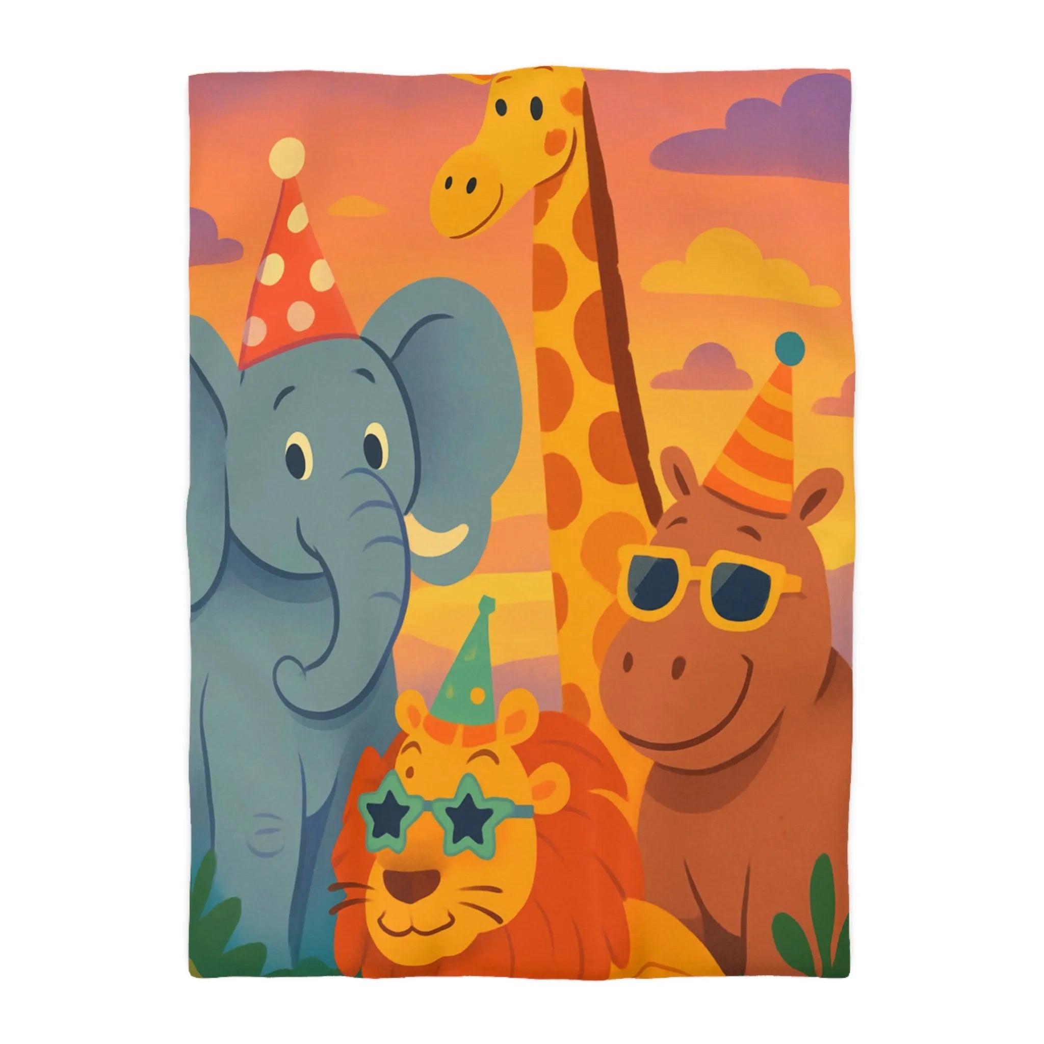 Housse de couette enfantine avec animaux de safari festifs et chapeaux colorés en fête