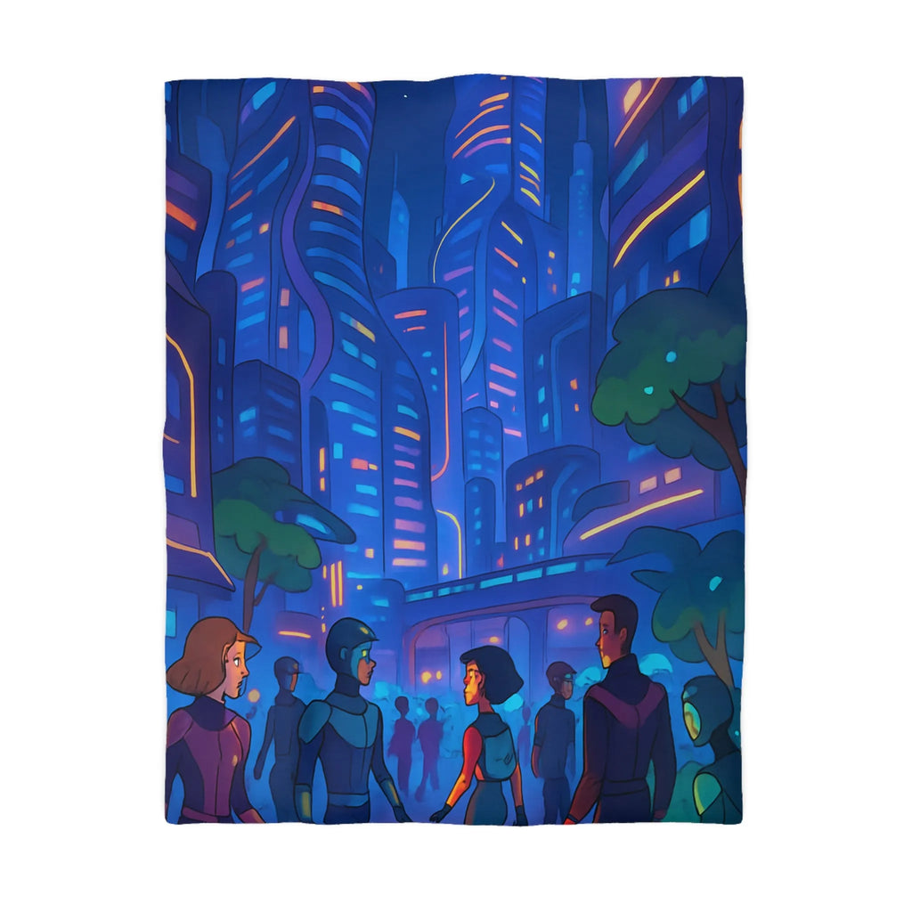 Housse de couette futuriste urbaine pour chambre moderne avec gratte-ciels illuminés la nuit