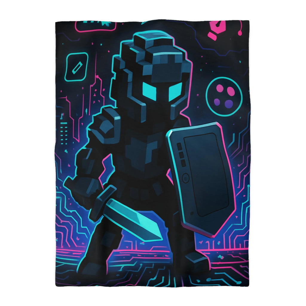 Housse de Couette avec Guerrier Pixel Art et Éléments Numériques Lumineux Nocturnes