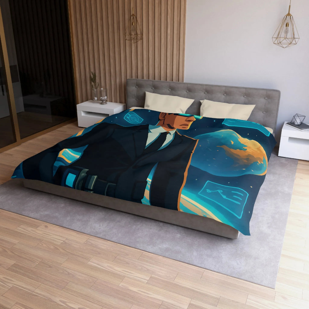 Housse de couette futuriste avec agent spatial et paysages cosmiques numériques immersifs