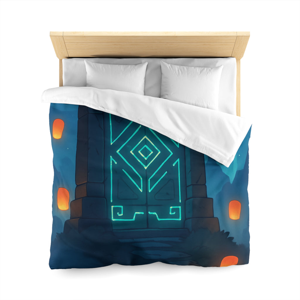 Housse de couette mystérieuse avec portail magique et lanternes flottantes sous ciel étoilé