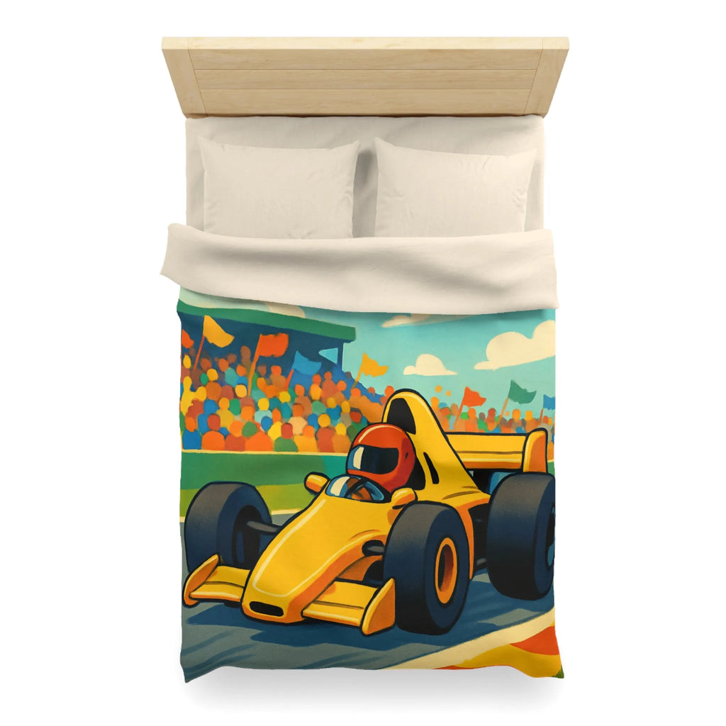 Housse de couette enfant voiture de course jaune circuit ambiance dynamique et colorée