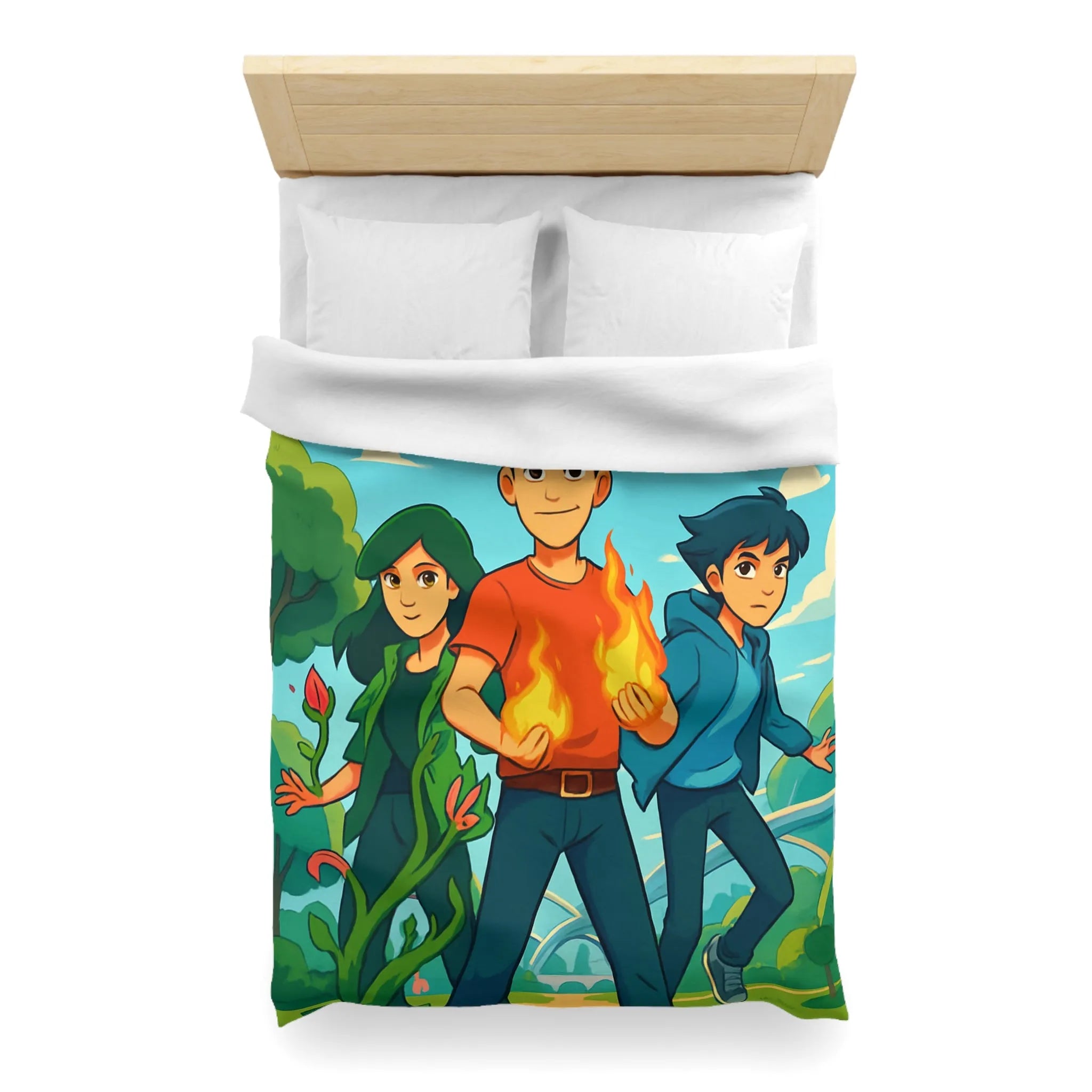 Housse de couette aventure jeune héros, nature et futur avec drones volants