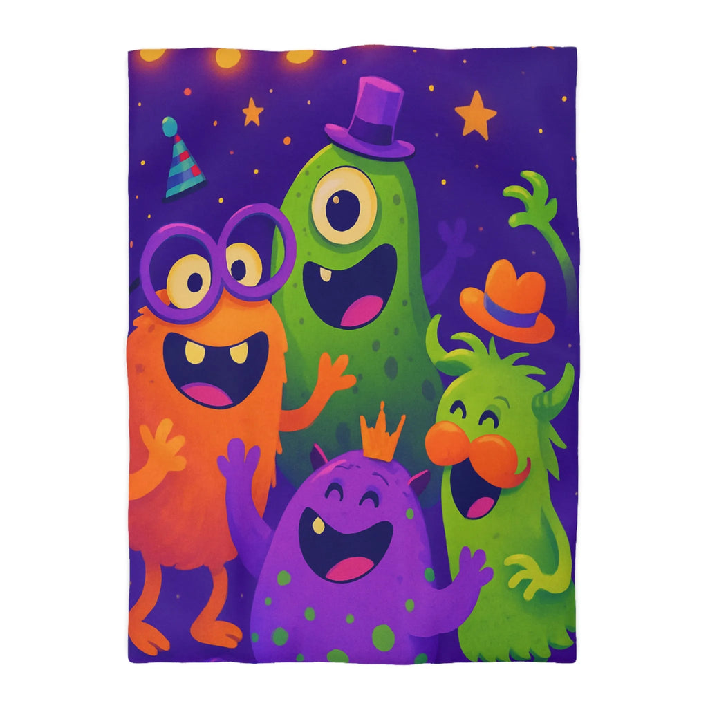 Housse de couette festive avec monstres colorés, ambiance joyeuse pour chambre d'enfant