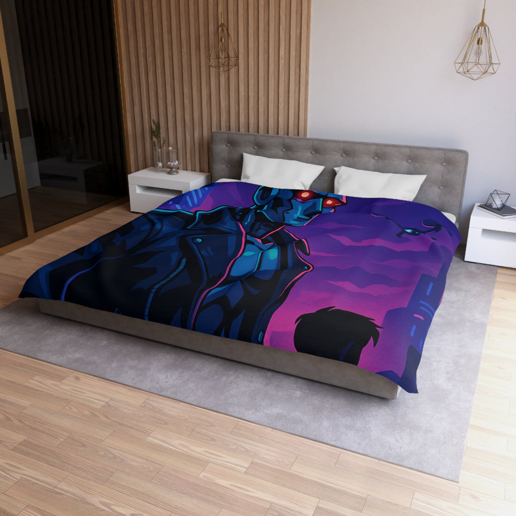 Housse de couette style néon avec robot futuriste et drones en ville de nuit