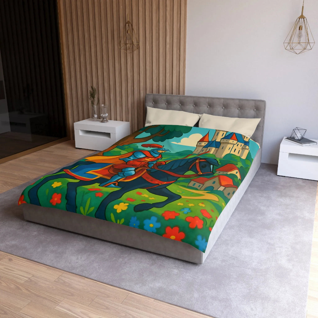 Housse de couette chevalier médiéval illustrée avec château et paysage floral vibrant