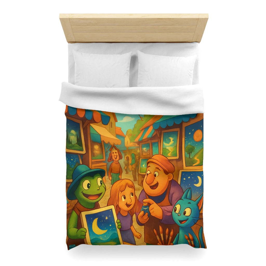 Housse de couette colorée avec scène joyeuse de marché et cerfs-volants artistiques