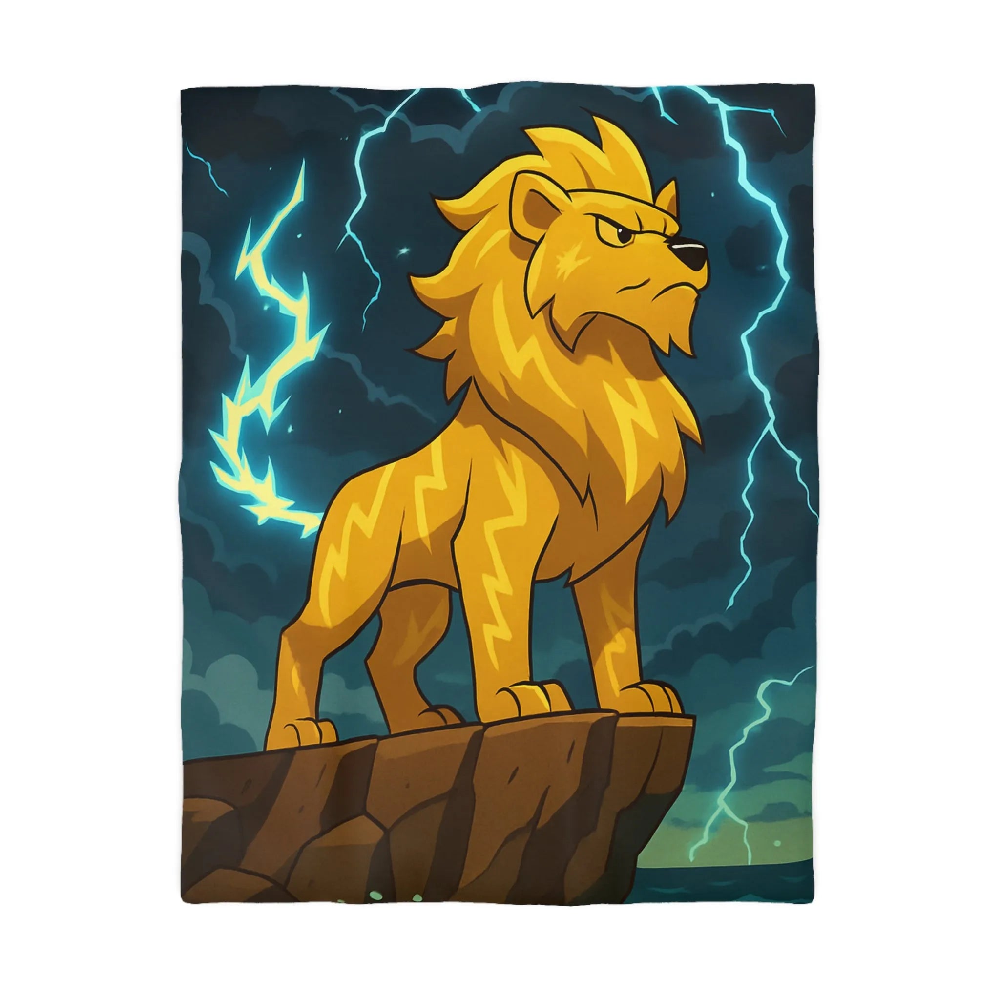 Housse de couette lion éclair lumineux, style animé, ambiance puissante, couleurs vibrantes