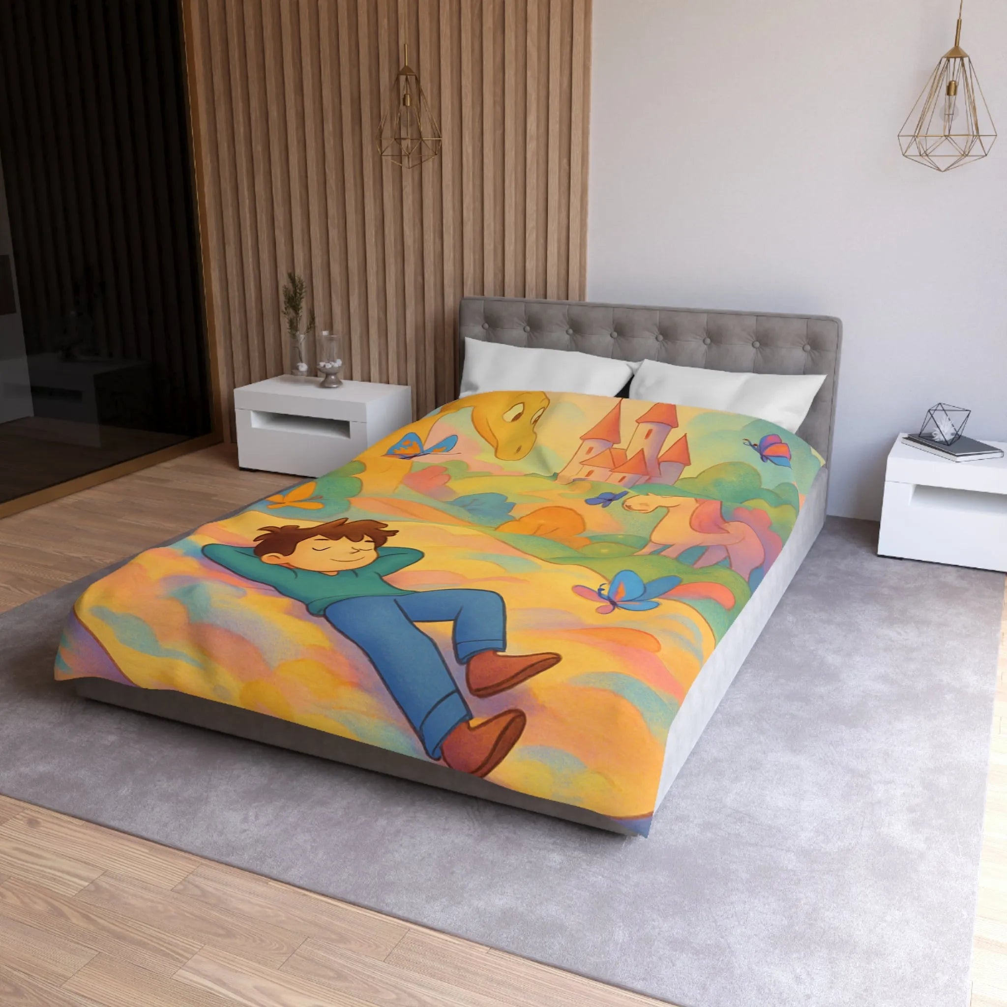 Housse de couette enfant dragon, licorne et château dans un décor féerique coloré