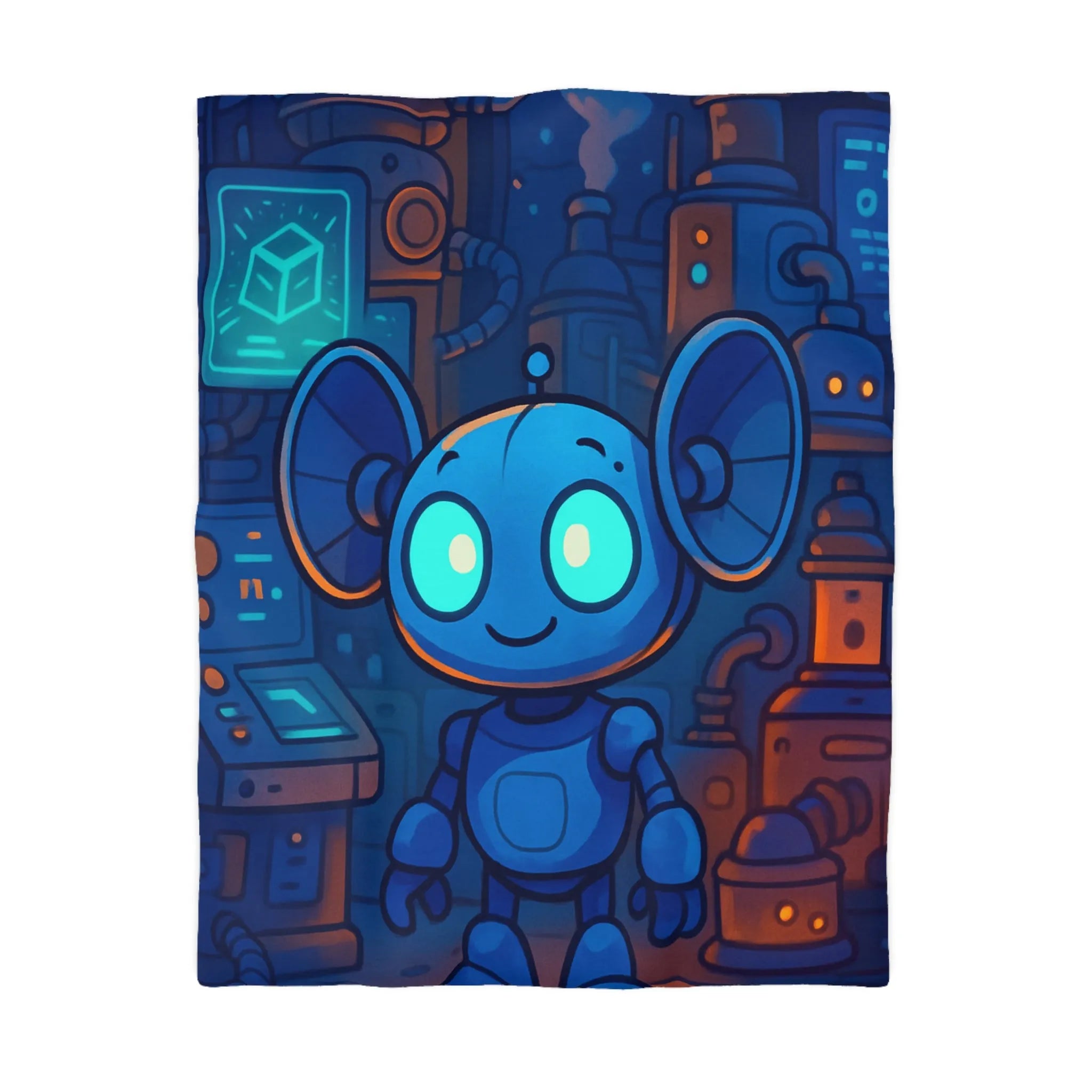 Housse de couette enfant motif robot mignon bleu dans laboratoire futuriste nuit