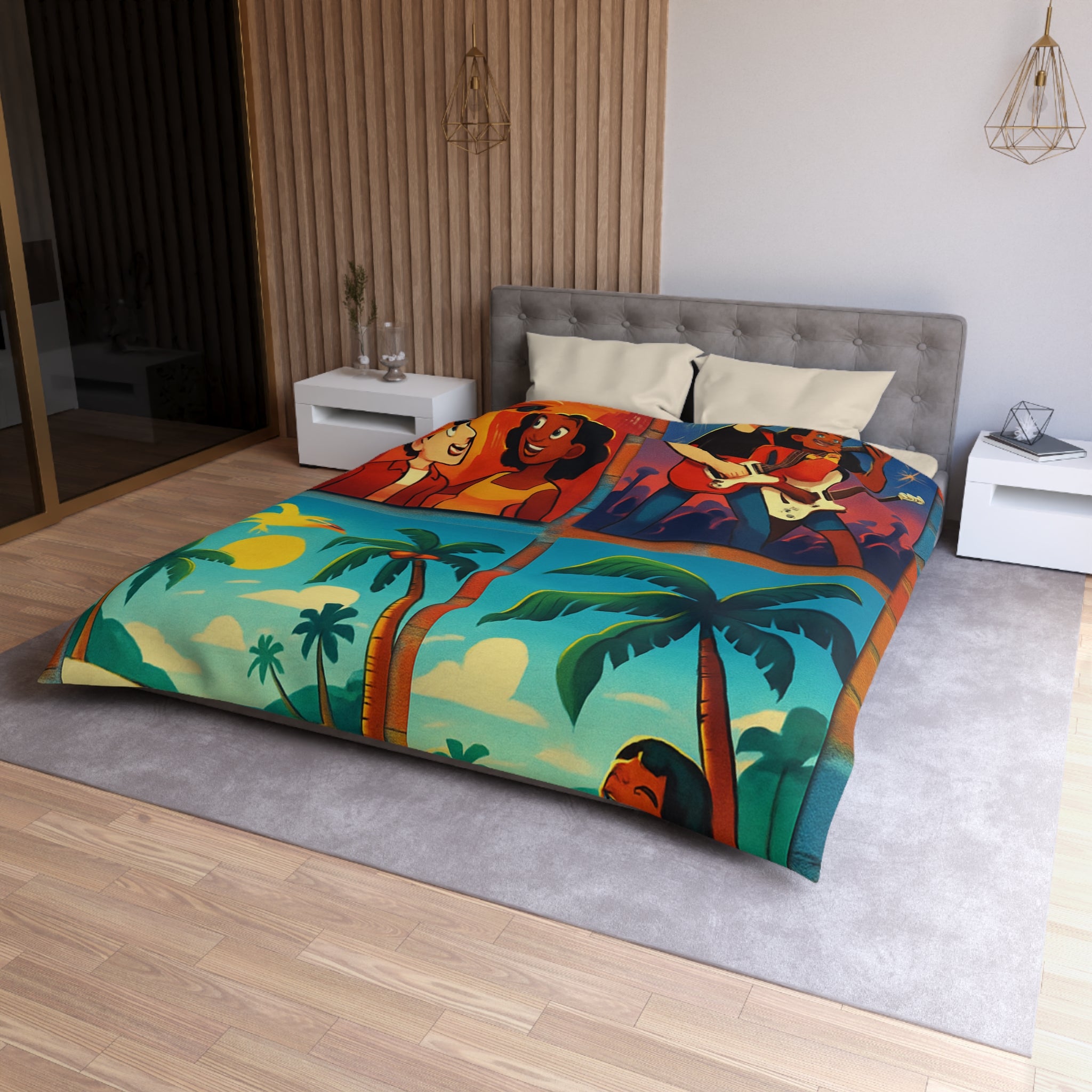 Vivid Tropical Scene with Cars, Fireworks, and Joyful Festivities for Colorful Bedroom Decor