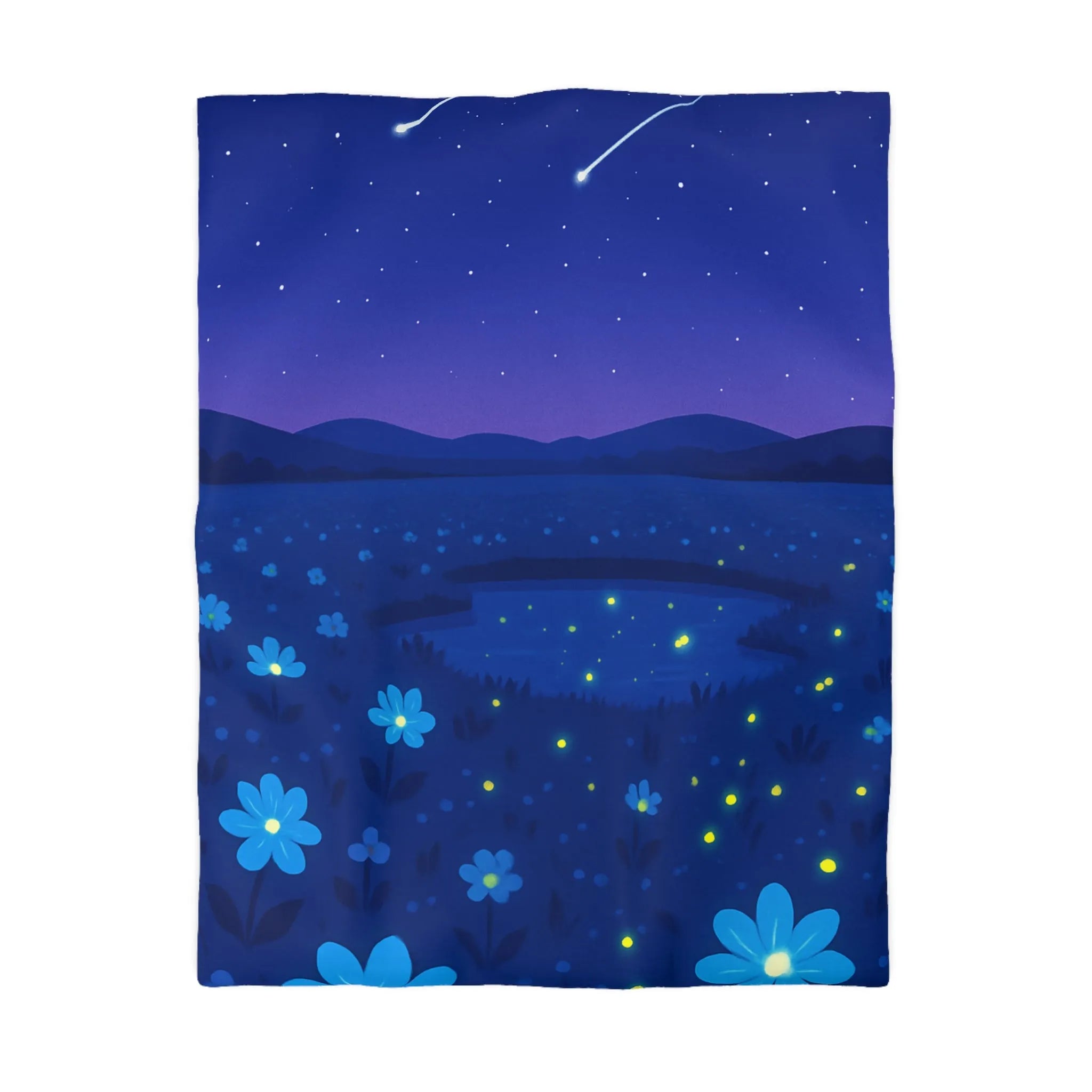 Housse de couette ciel étoilé bleu profond avec fleurs et étoiles filantes éblouissantes