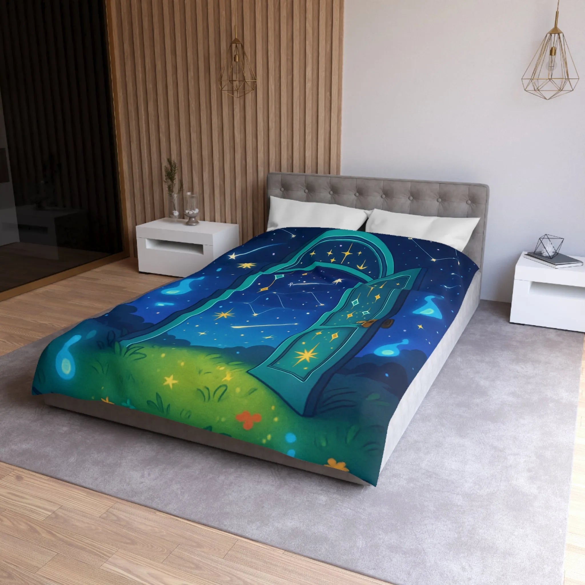 Housse de couette magique avec porte ouverte sur ciel étoilé bleu et constellations