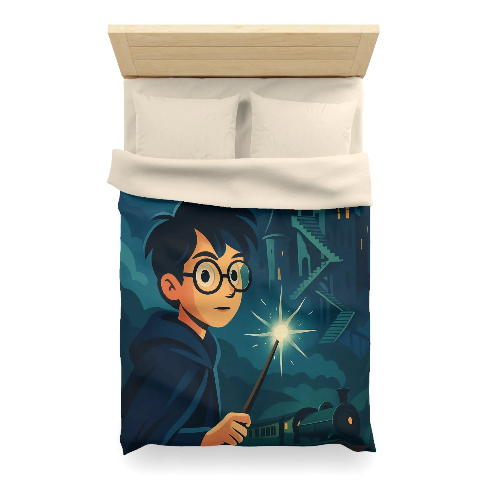 Housse de couette magique avec garçon, château mystérieux et train dans la nuit étoilée