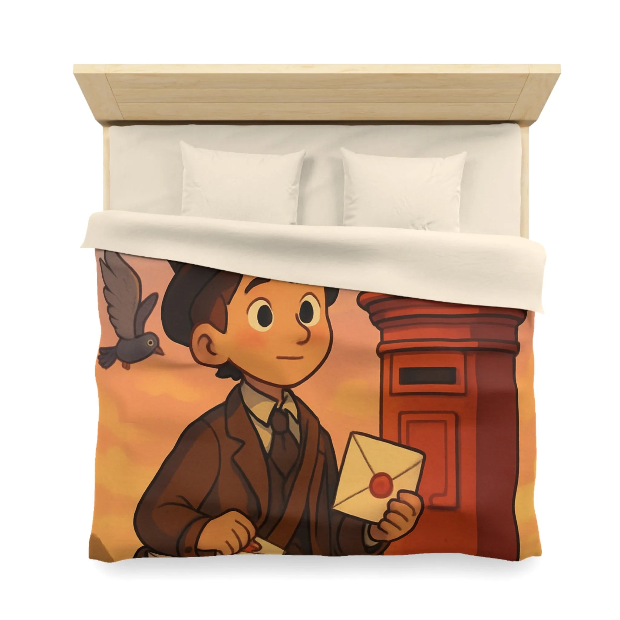 Housse de couette illustrée avec poste vintage et pigeons dans ciel au coucher du soleil