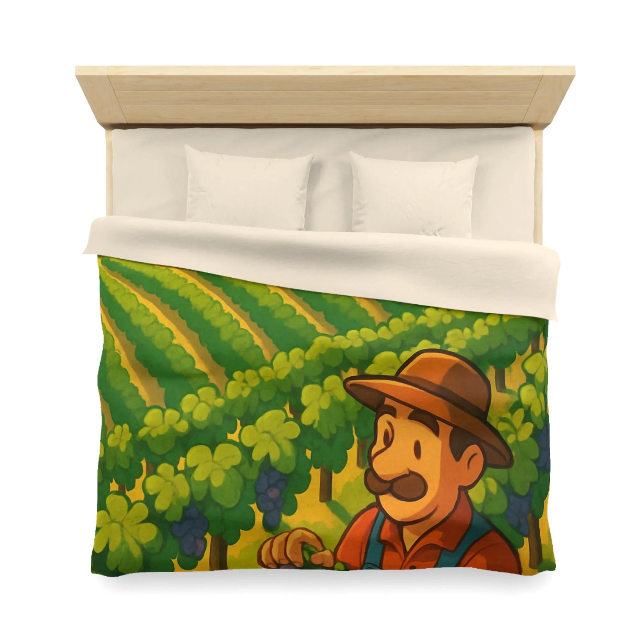 Housse de couette illustration de vendangeur dans un vignoble éclairé par soleil radieux