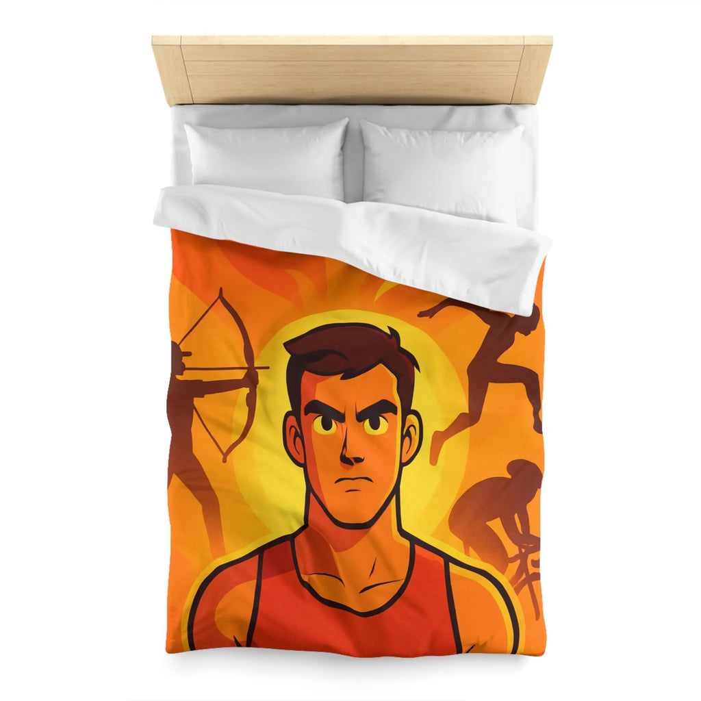 Housse de couette dynamique orange avec motifs sportifs et personnages déterminés en action