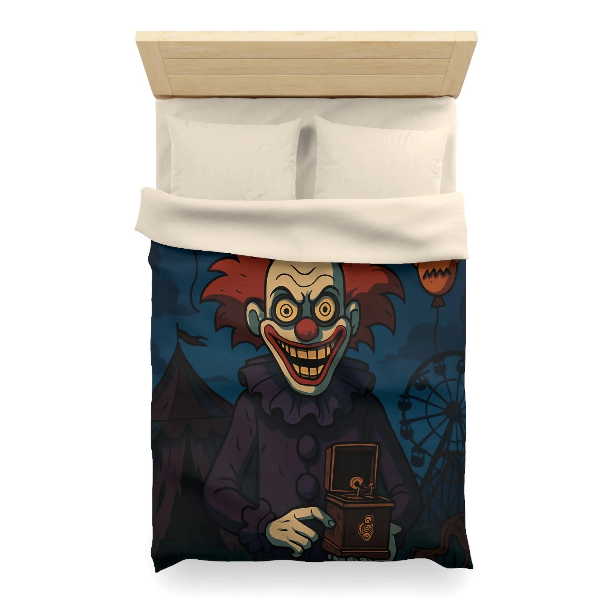 Housse de couette effrayante de clown sinistre avec ballons et fête foraine sombre