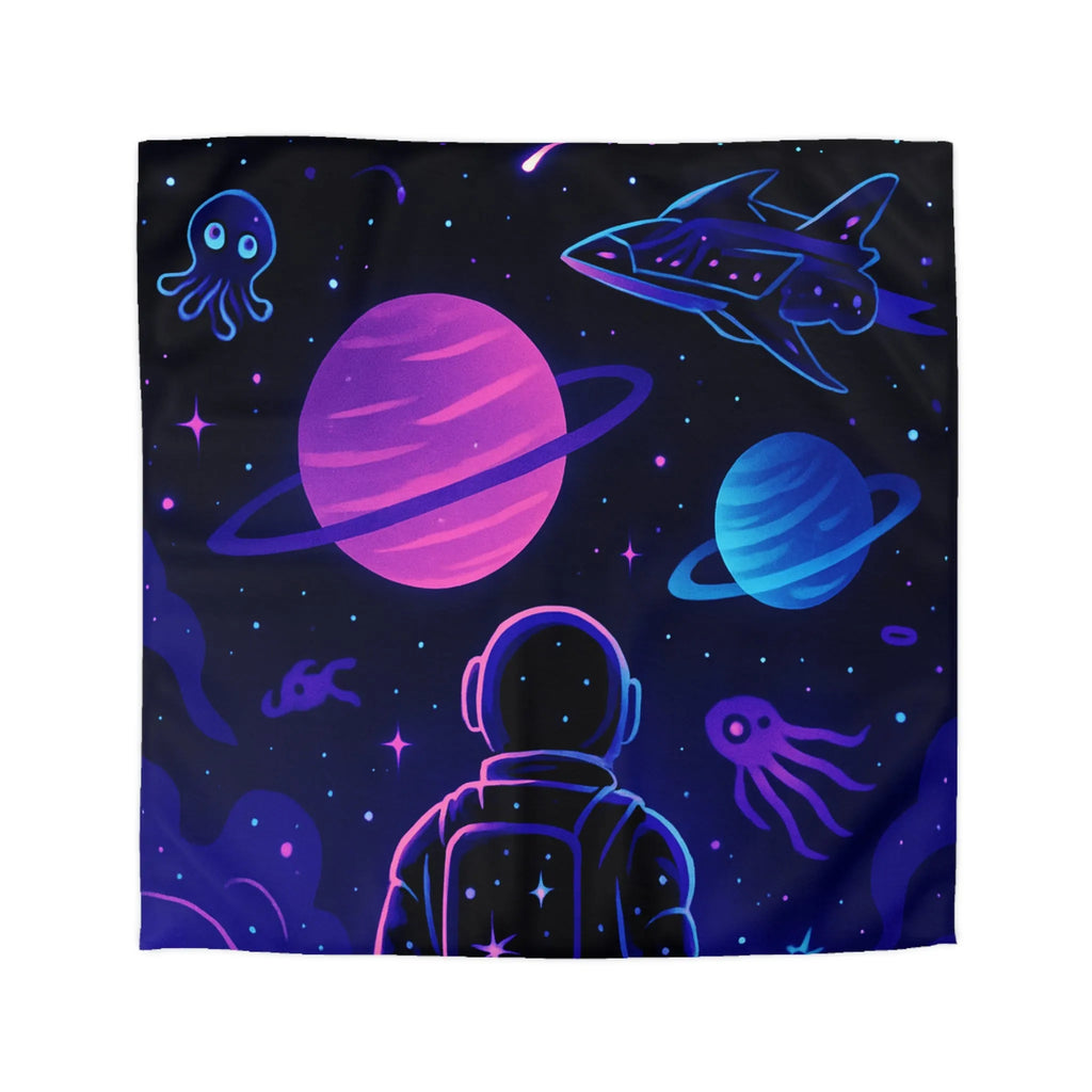 Housse de couette cosmique colorée avec astronaute, planètes et motifs galactiques rêveurs