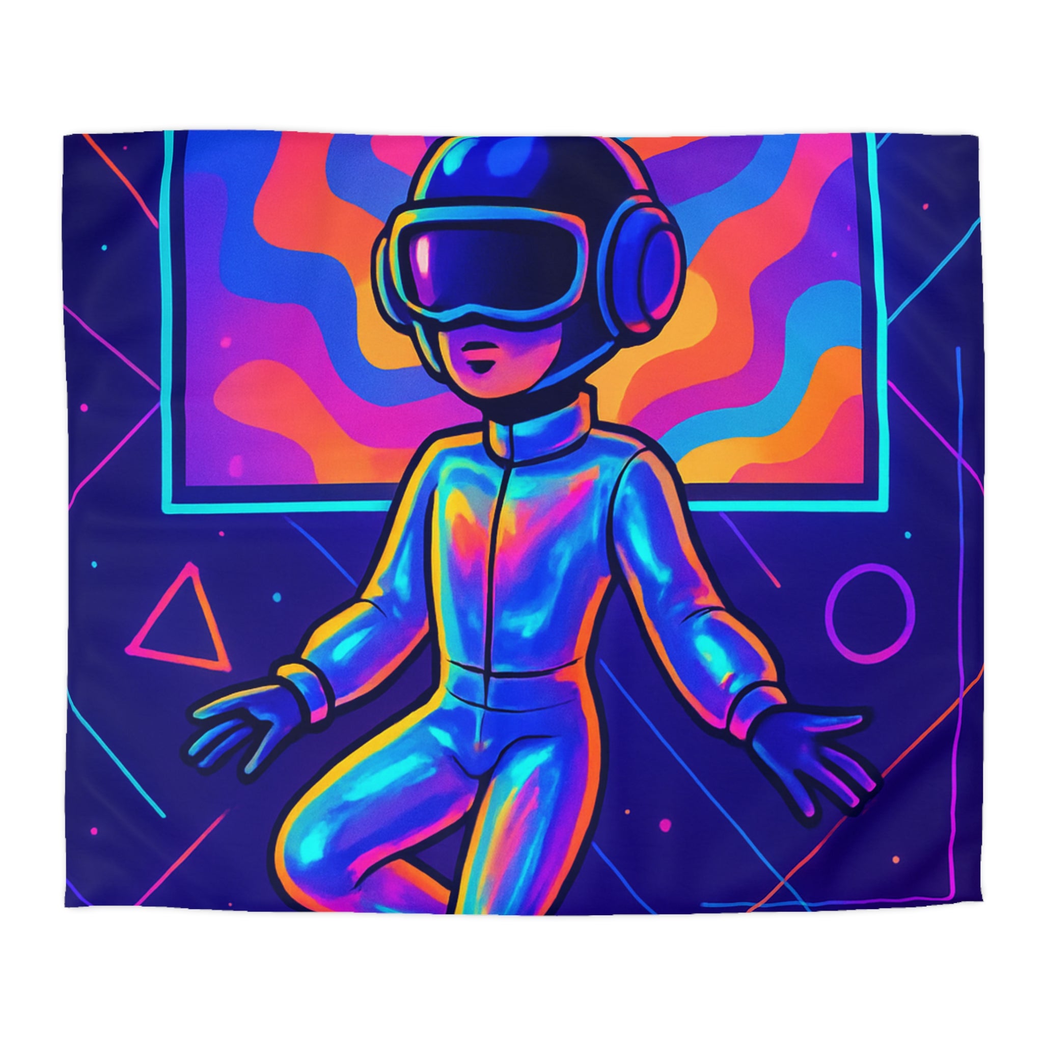 Housse de Couette Surréaliste avec Cosmonautes et Vagues Multicolores en Arrière-Plan