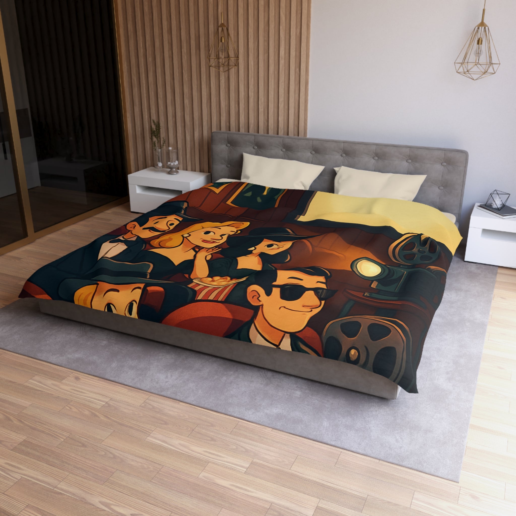 Housse de Couette Rétro Cinéma avec Scène de Spectateurs Élégants et Projecteur