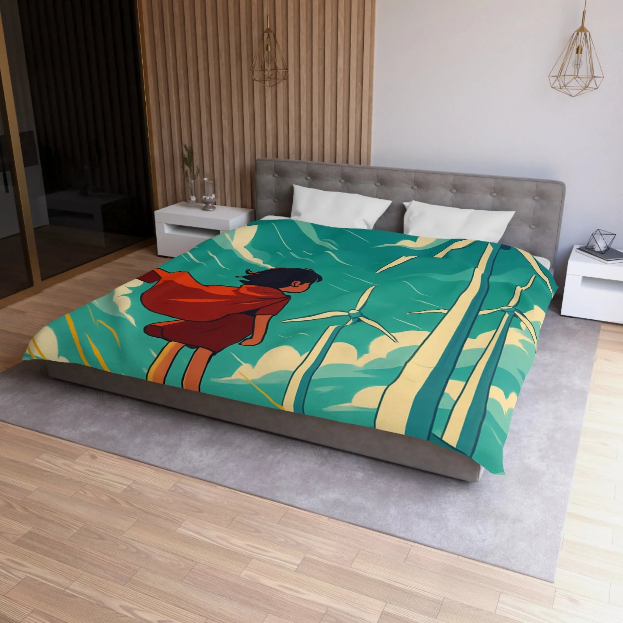 Housse de Couette Enfant avec Éoliennes et Paysage Venté Rouge et Bleu