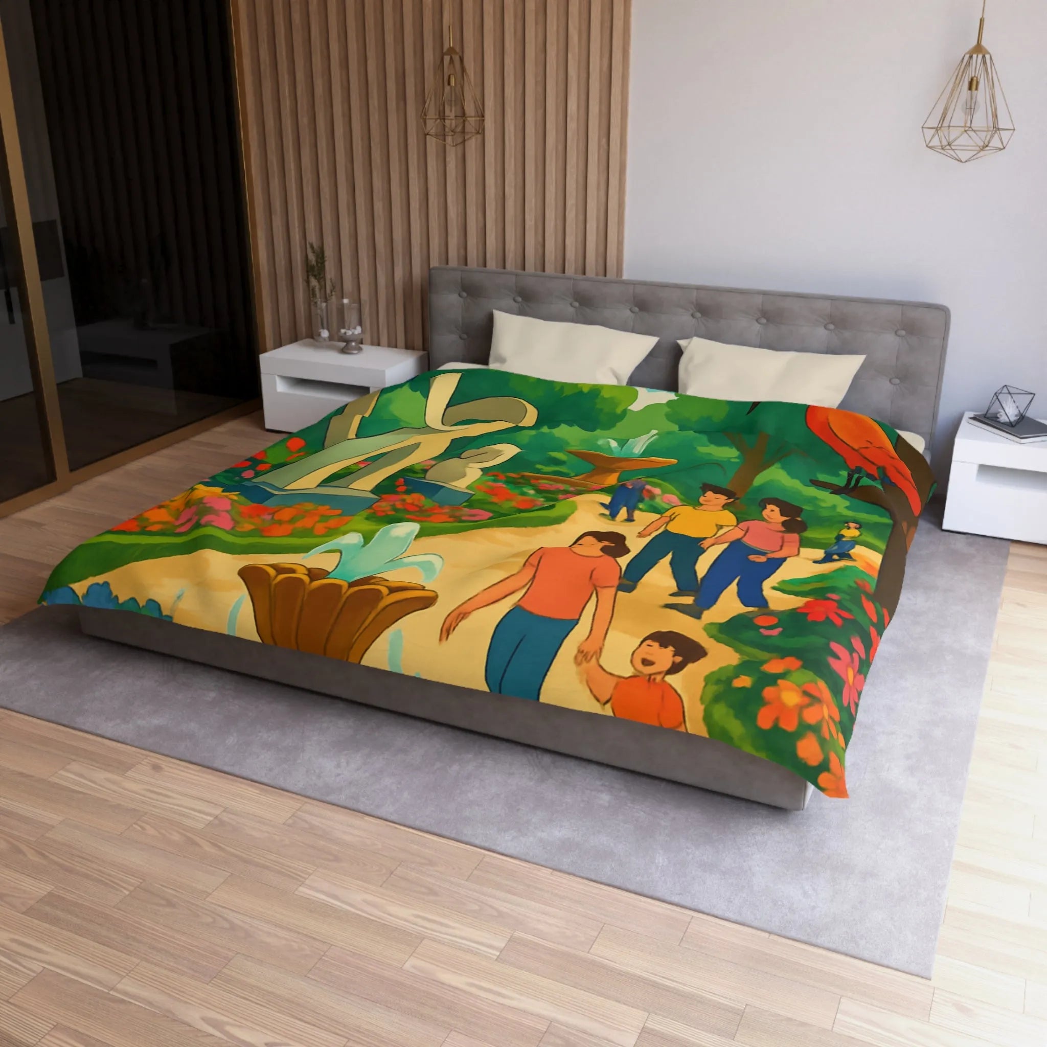 Housse de Couette Colorée Illustrant un Jardin avec Oiseaux et Familles en Promenade