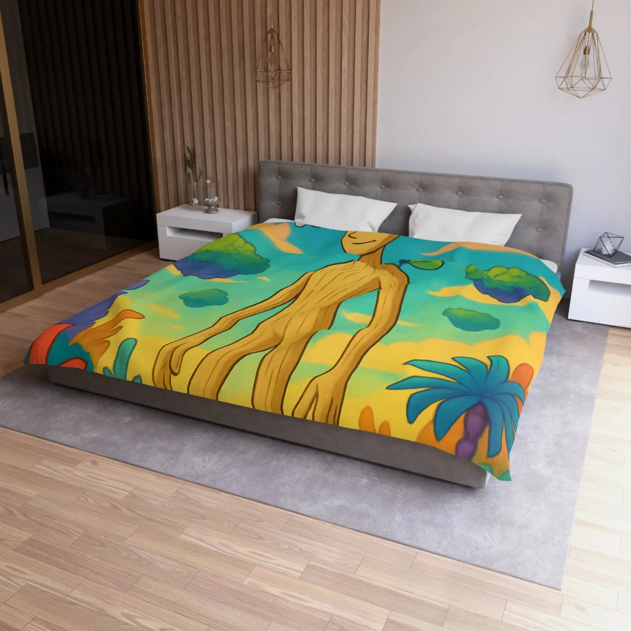 Housse de couette enchanteresse avec paysage coloré, créature en bois et papillons