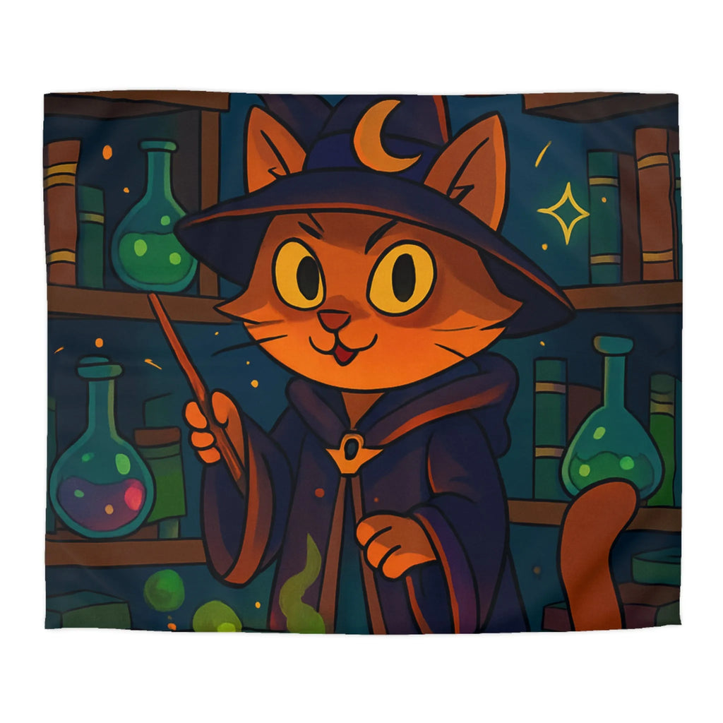 Housse de couette féline magique avec chat sorcier et chaudron dans bibliothèque colorée