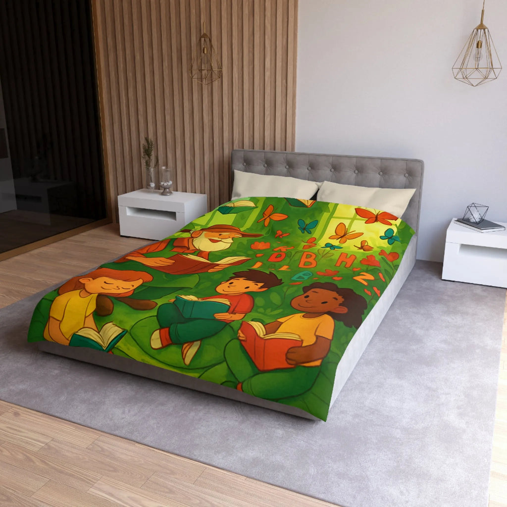 Housse de couette éducative avec scène de lecture, papillons et nature verdoyante