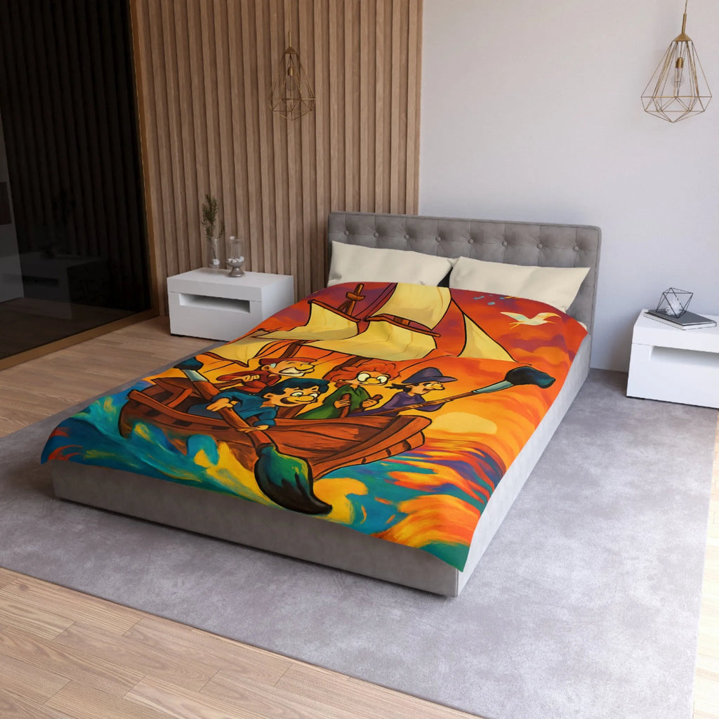 Housse de couette illustrée avec bateau et ciel coloré au coucher du soleil