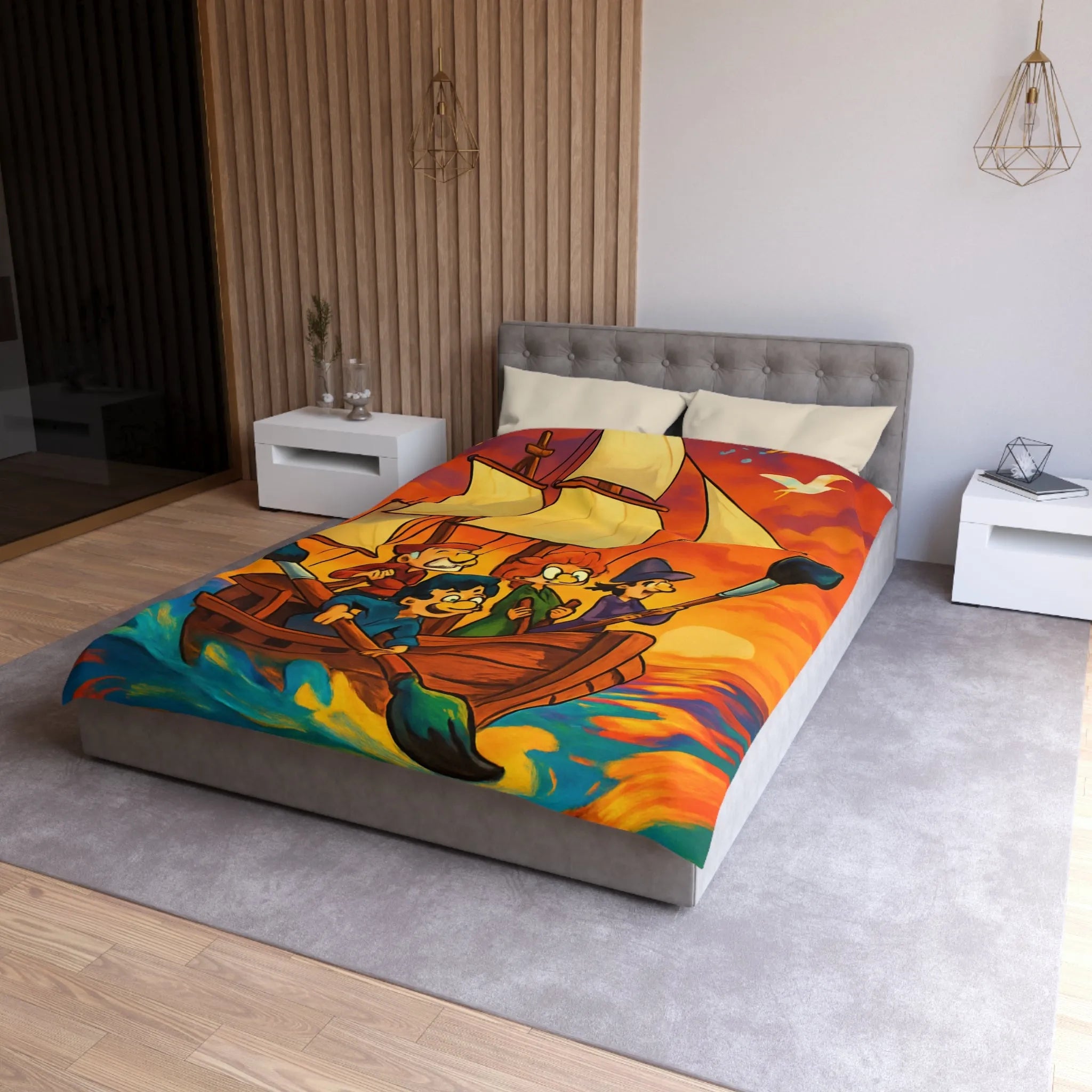 Housse de couette illustrée avec bateau et ciel coloré au coucher du soleil