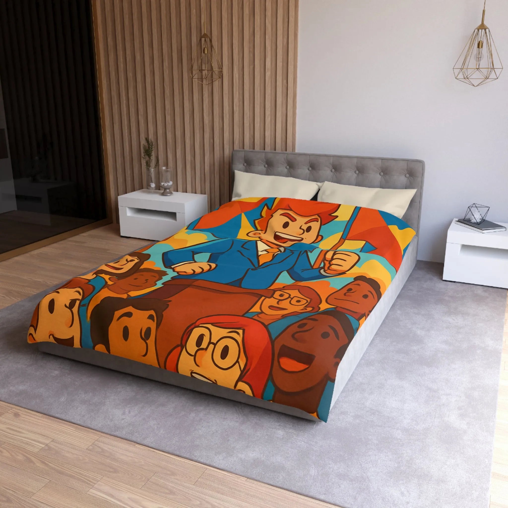 Housse de couette colorée avec illustration joyeuse de personnes et drapeaux vibrants