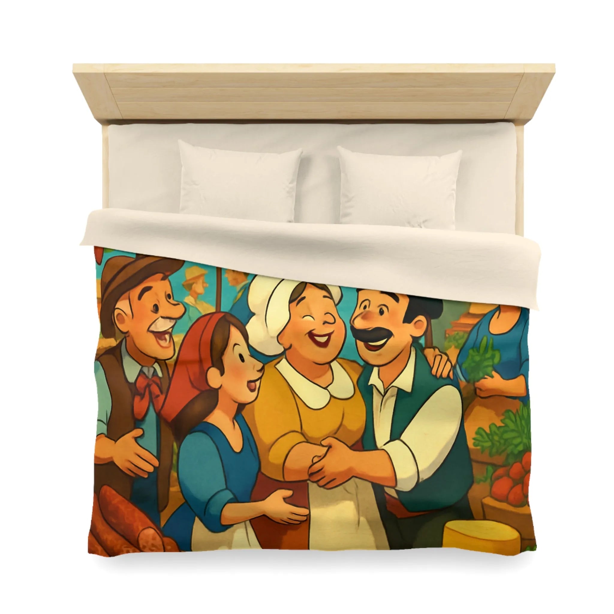 Housse de couette ambiance marché méditerranéen avec village en bord de mer