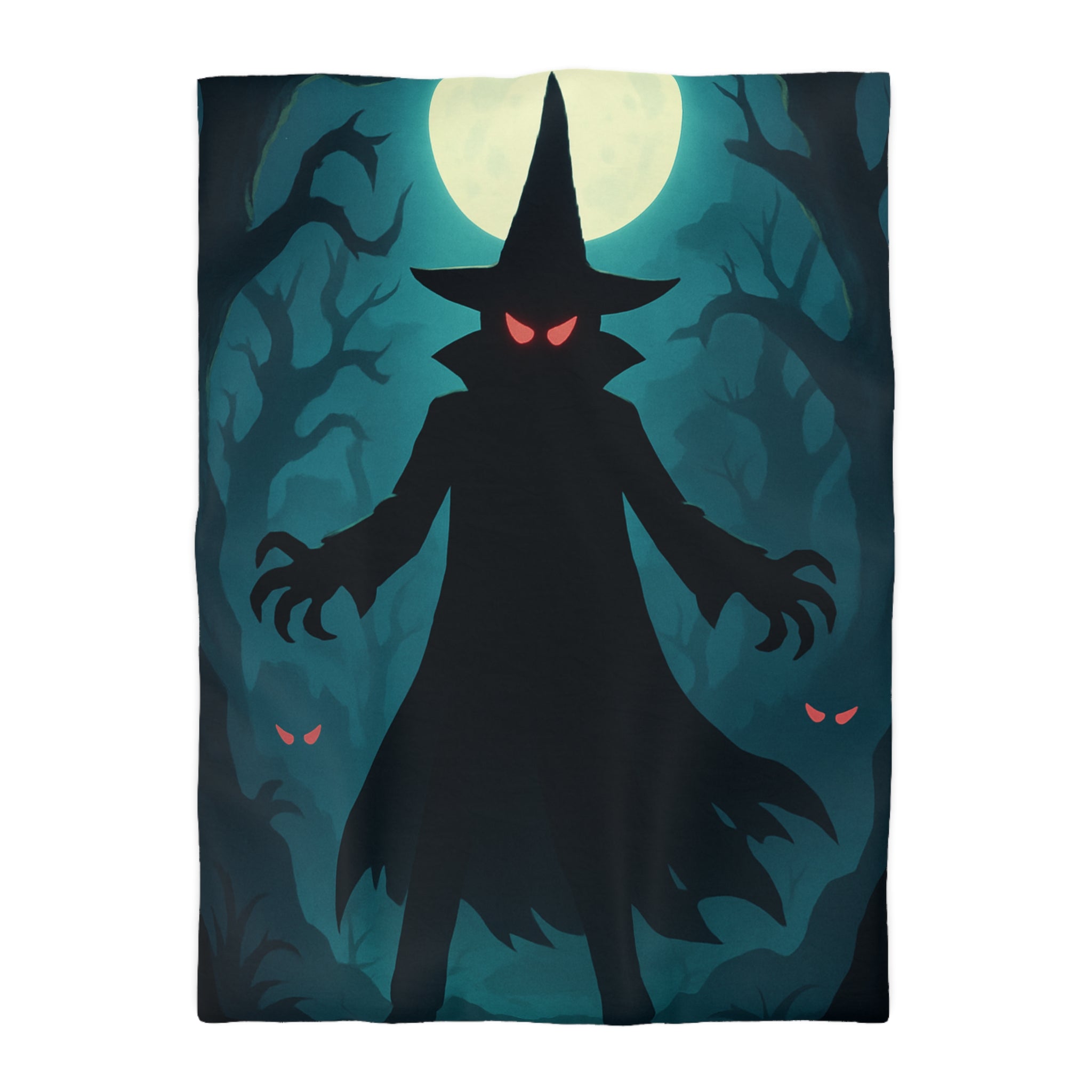 Housse de couette sorcier sombre dans forêt avec pleine lune et yeux rouges