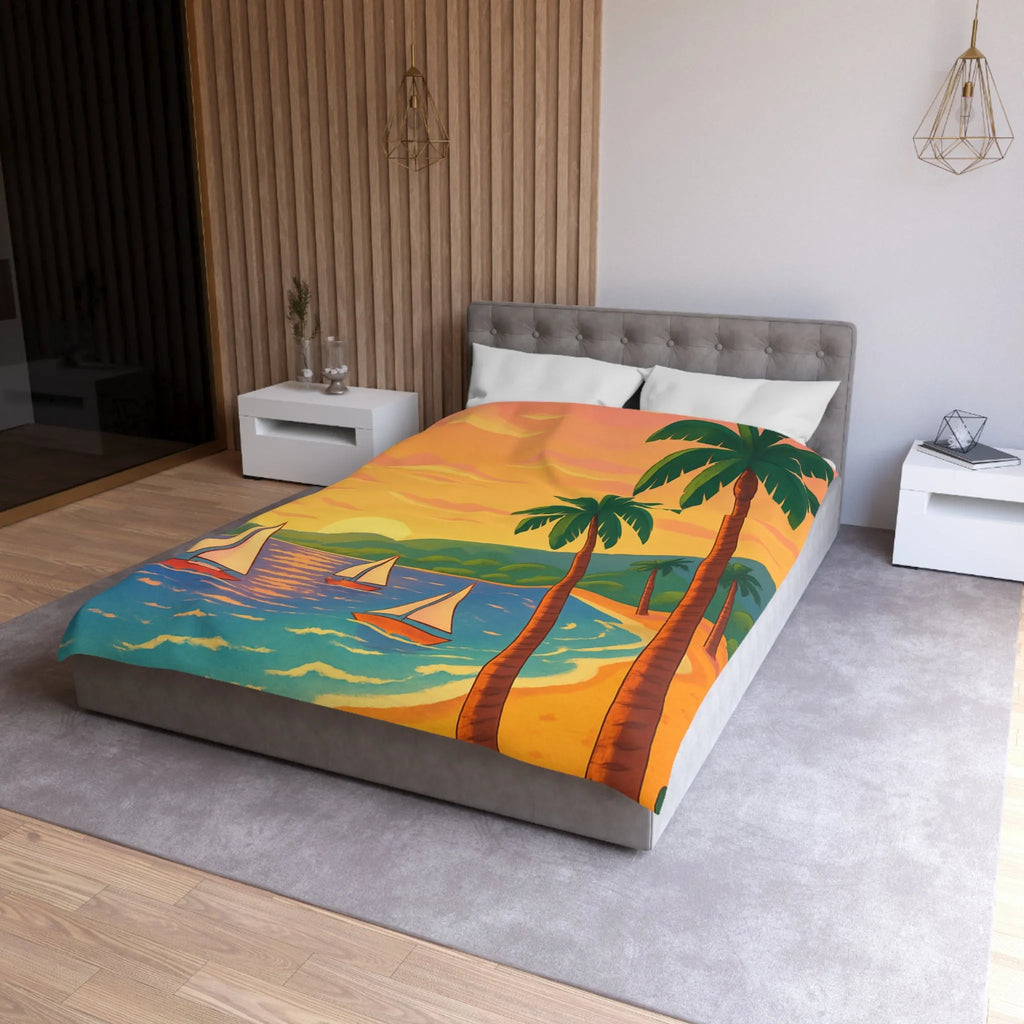 Housse de couette avec motif tropical, plage, palmiers et voiliers au coucher de soleil