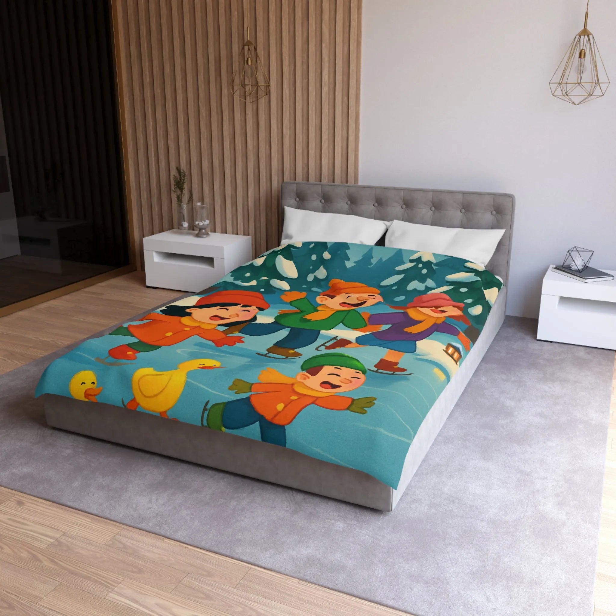 Housse de couette hiver joyeuse avec enfants et petits canards patinant sur glace