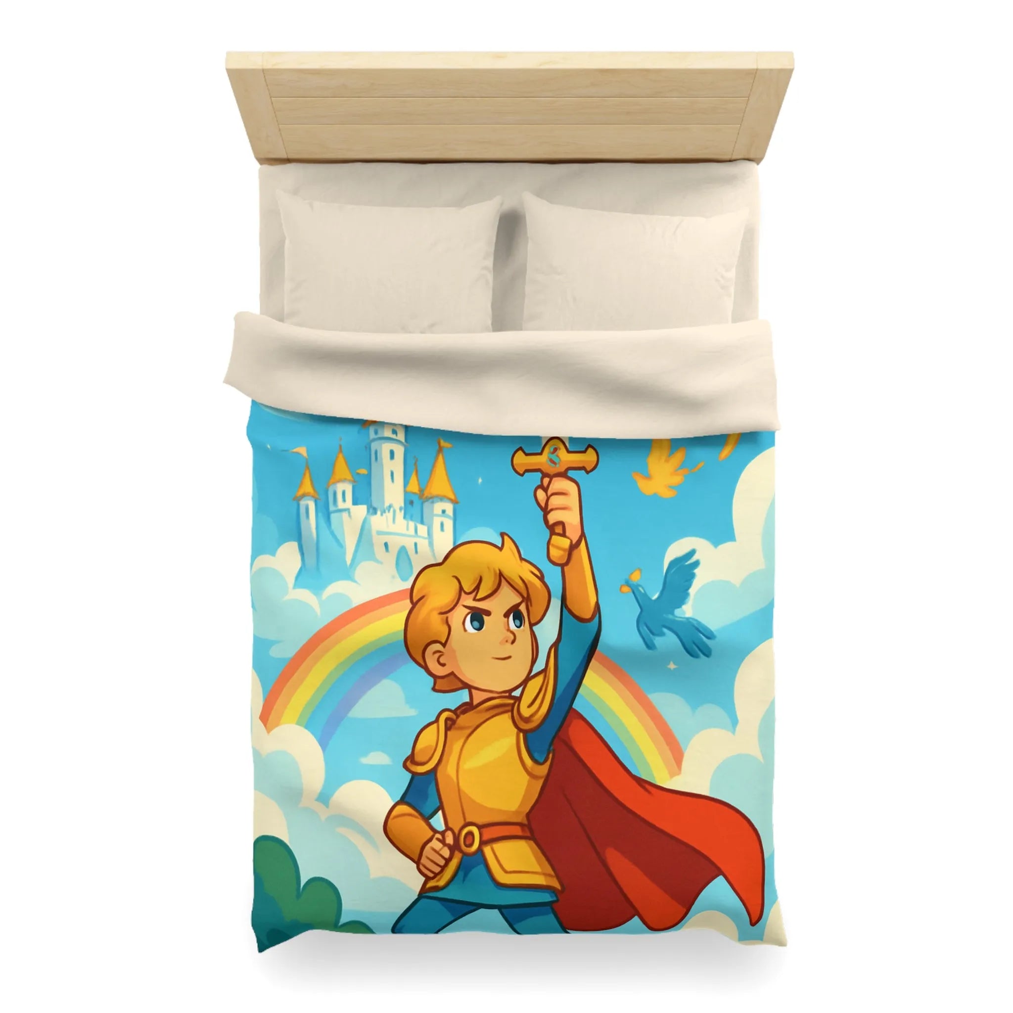 Housse de couette avec chevalier héroïque, arc-en-ciel et château féerique, thème aventure