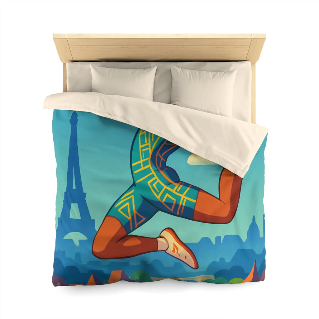 Housse de couette athlète sautant en ville avec ciel bleu et monuments célèbres