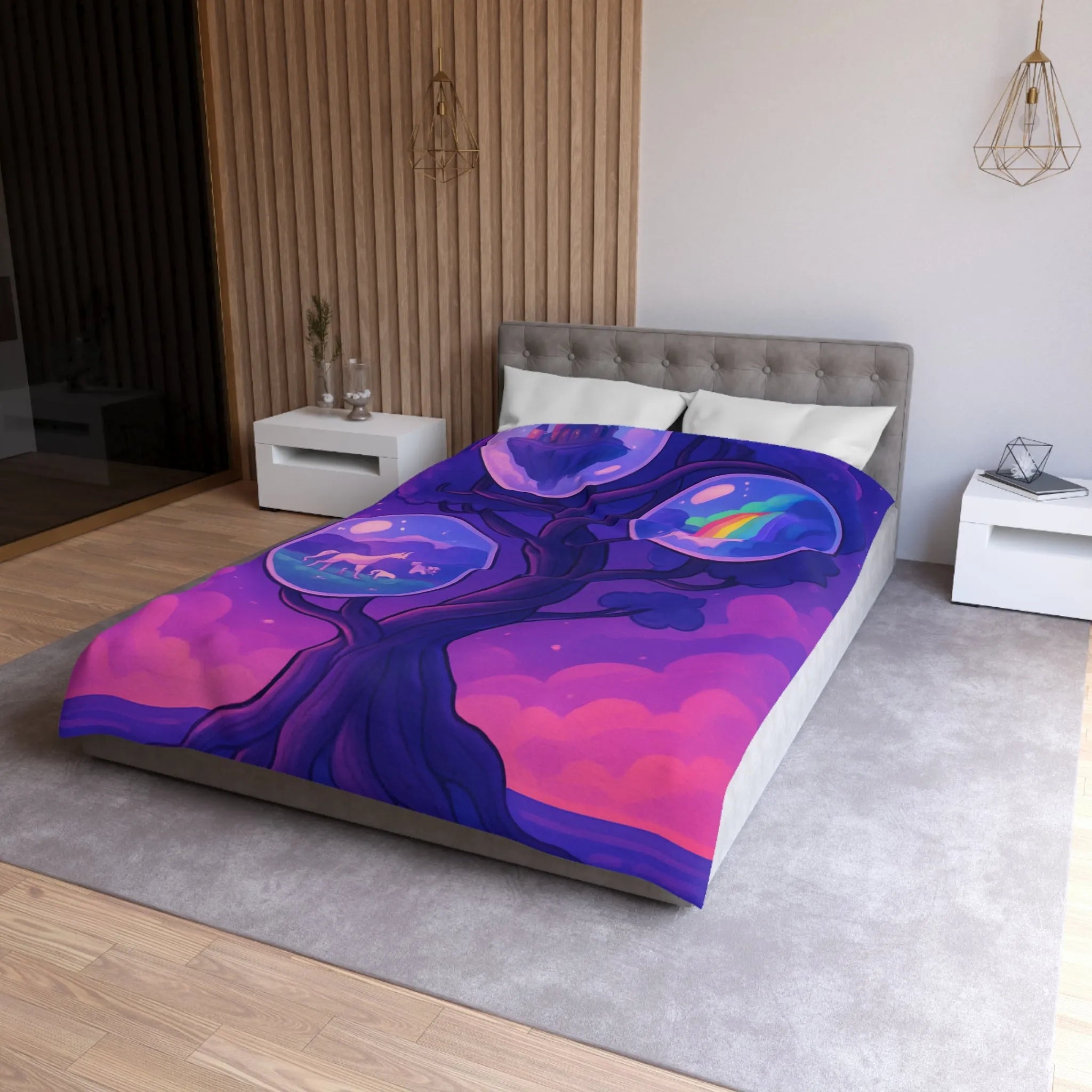 Enchanted Dreamscape Duvet: Mystical Castle, Majestic Unicorn, Vivid Waterfall on Tree