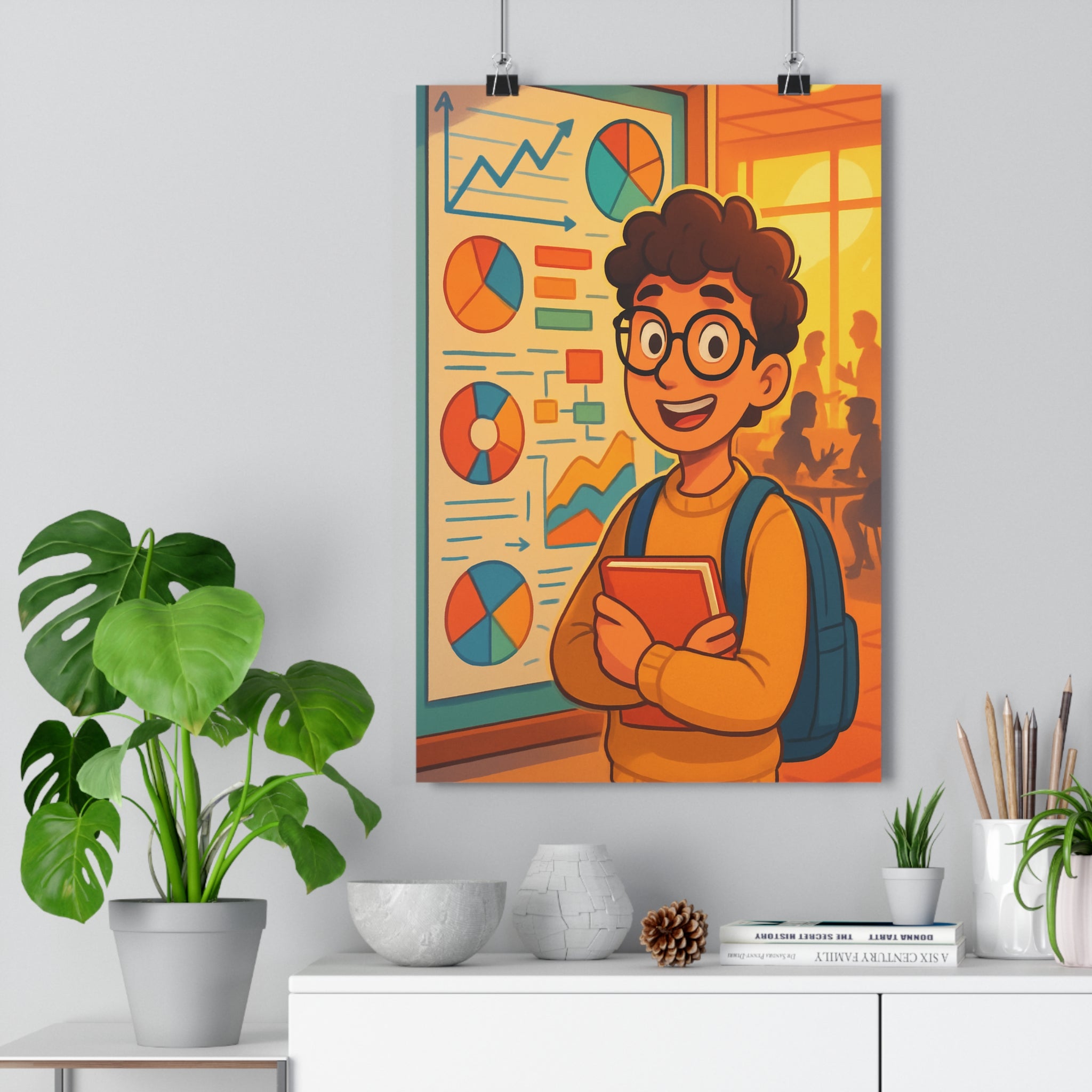Poster décoratif cartoon dynamique bleu orange jaune bureau étudiant graphique joyeux éducatif vibrant coloré