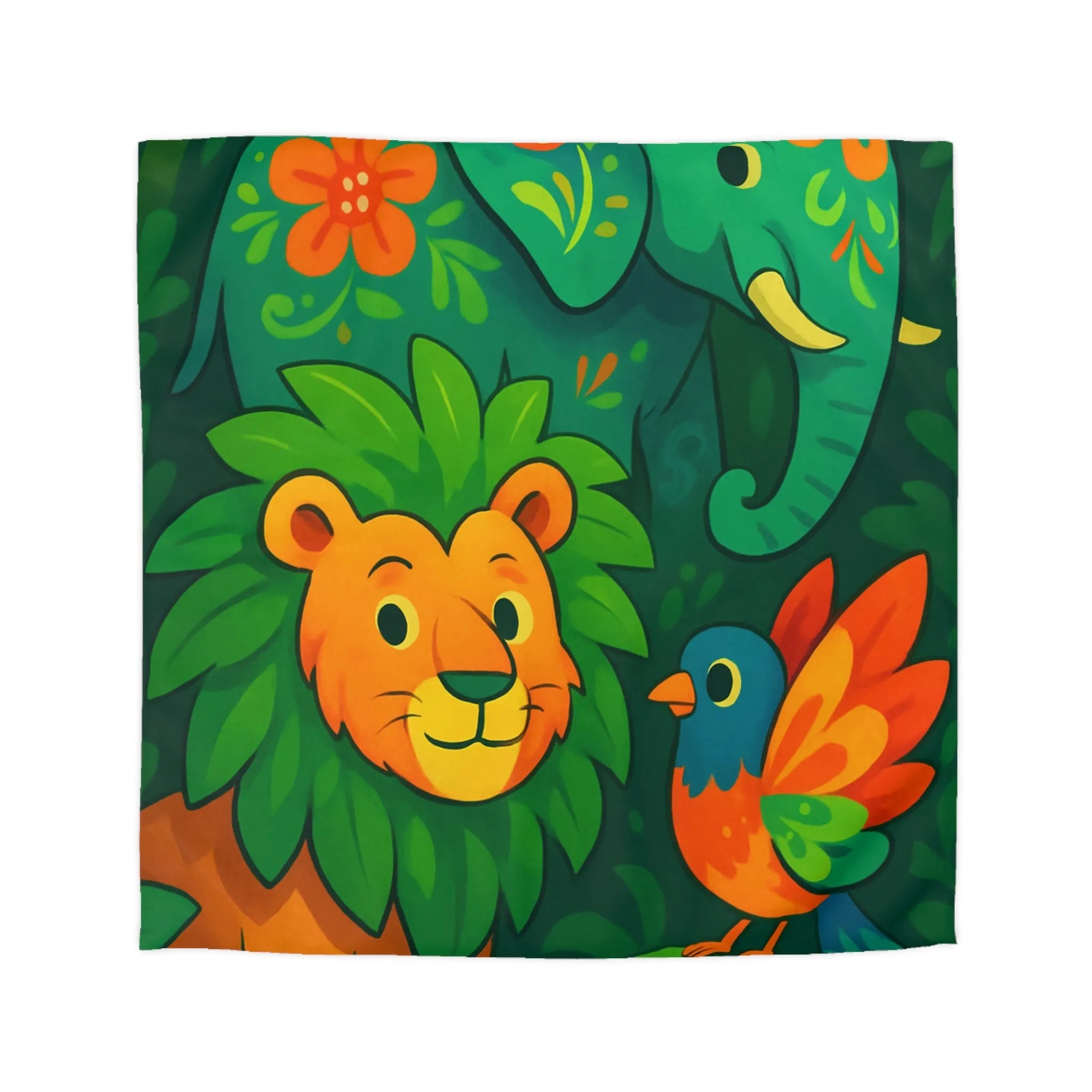 Housse de couette jungle colorée avec éléphant lion et oiseau tropical pour enfants
