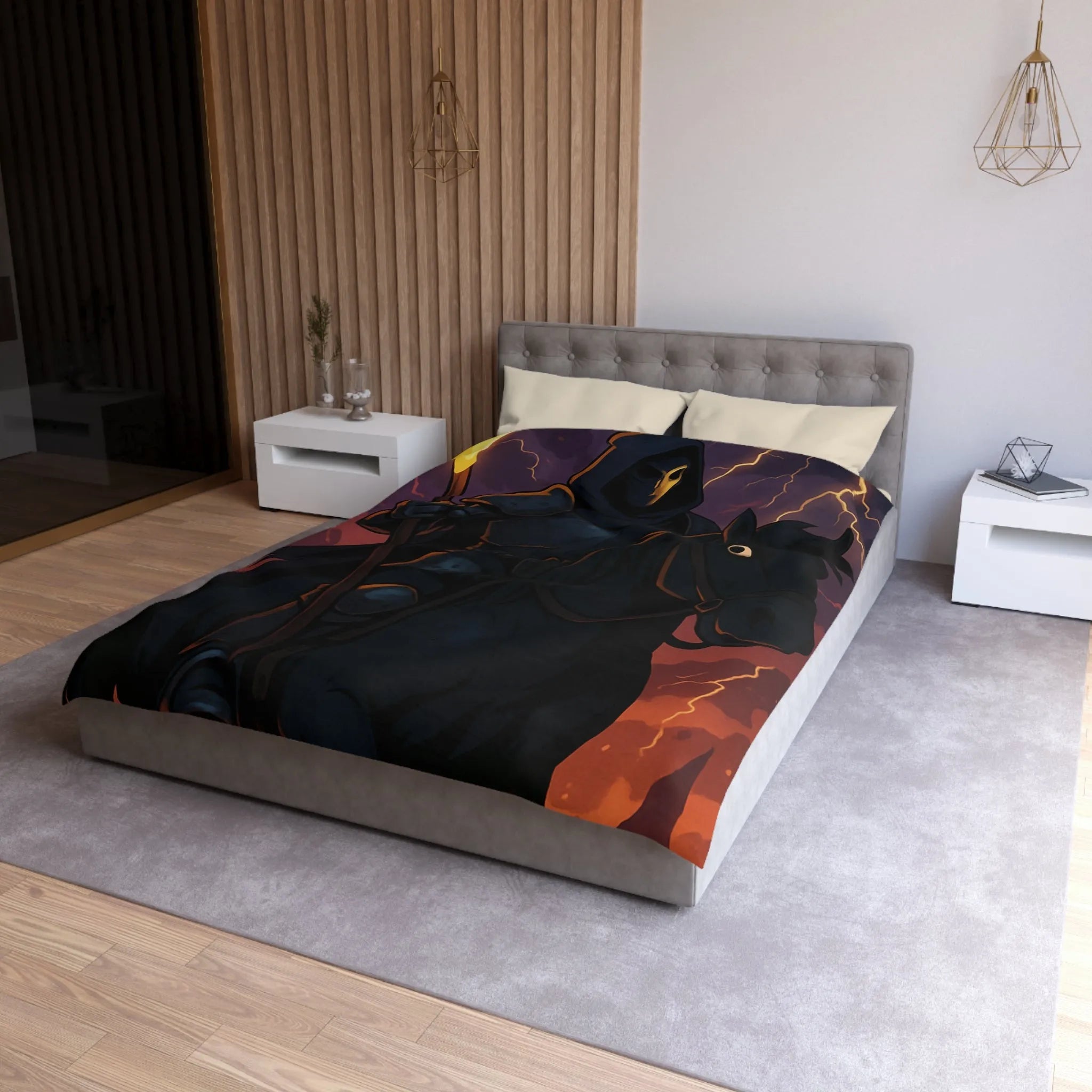 Housse de couette à motif intrigant avec faucheuse menaçante et cheval sombre en action